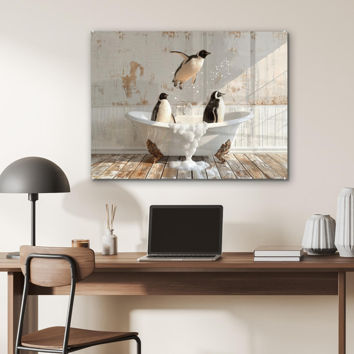 ACRYLGLASBILD Vintage - Pinguin - Badewanne - Schaumstoff 80x60 cm - Schwarz, Glas (80/60cm) - MuchoWow