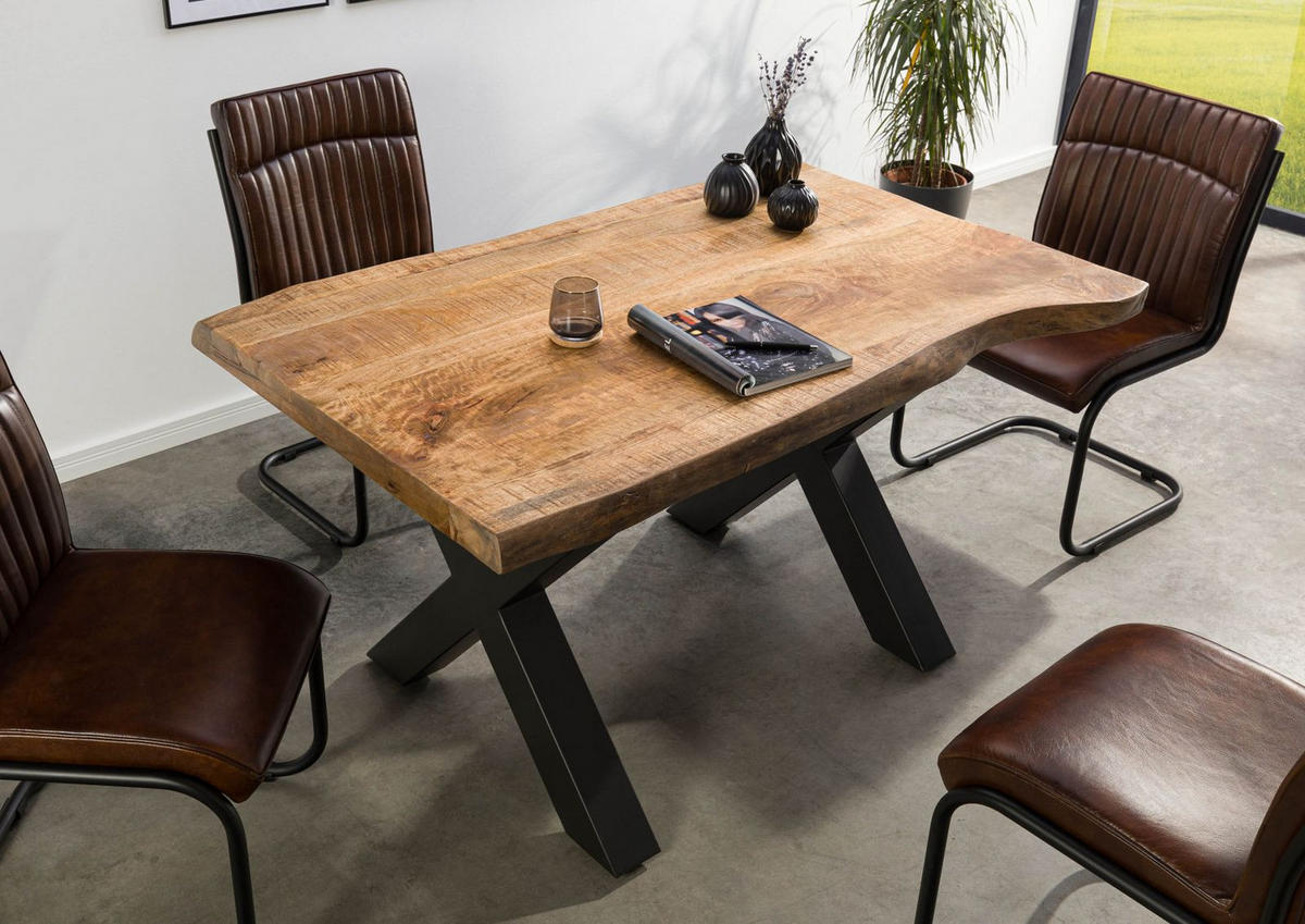 BAUMTISCH Mango 140x90x77 natur lackiert / X-Beine anthrazit matt FREEFORM 5 - Braun, Holz (90/140/77cm) - Massivmoebel24