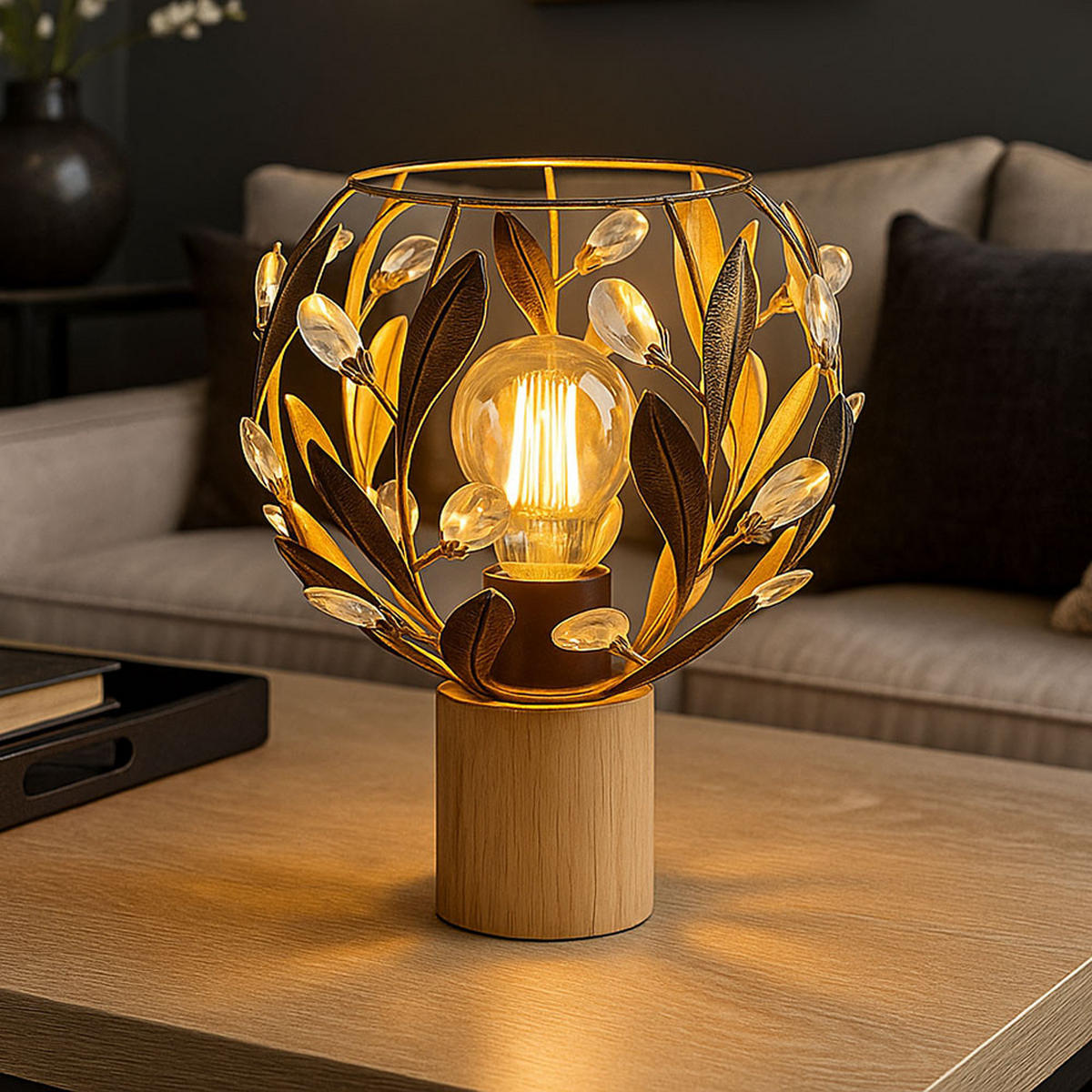 LED TISCHLEUCHTE MIKA Holz Gold - Goldfarben, Holz (20/20/25cm) - Globo Lighting