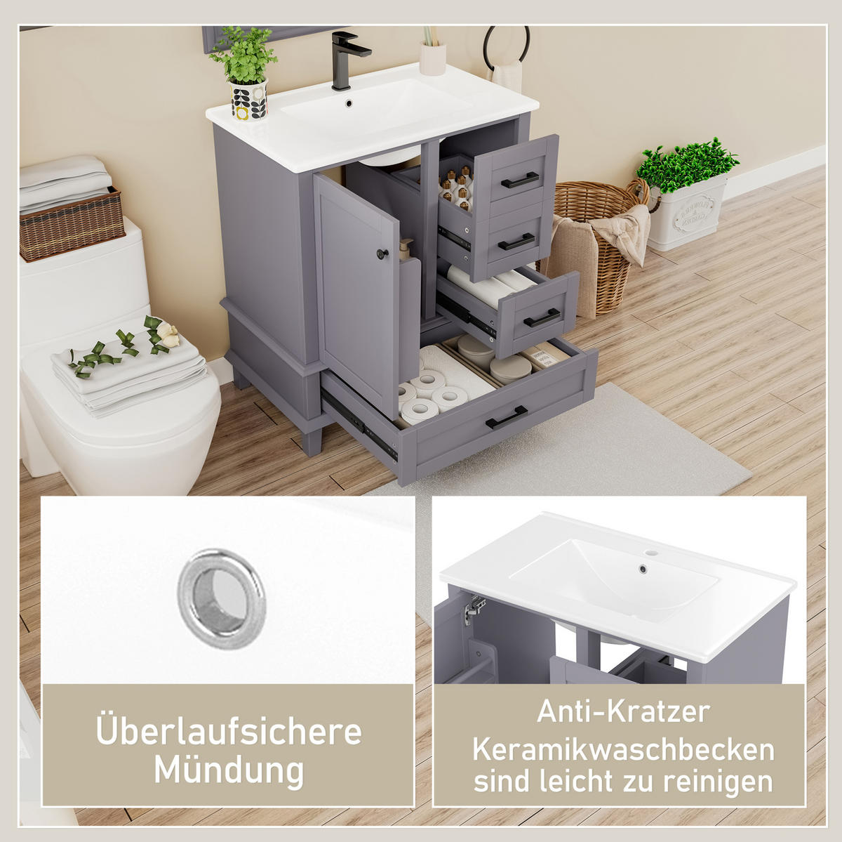 WASCHTISCHKOMBI 76/46/83,5 cm Grau aus Keramik und MDF mit integriertem Keramikwaschbecken - Grau, Holzwerkstoff (76/83.5/46cm) - OKMYHOME