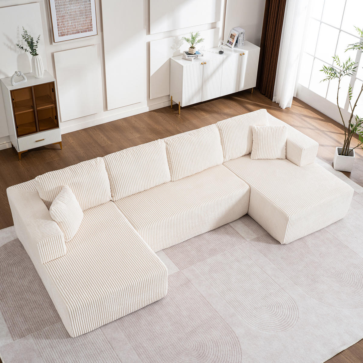 WOHNLANDSCHAFT Weiß 332/156/88 cm 3-Sitzer Cordstoff Modular Ohne Montage - Weiß, Textil (332/88/156cm) - PANGIVO
