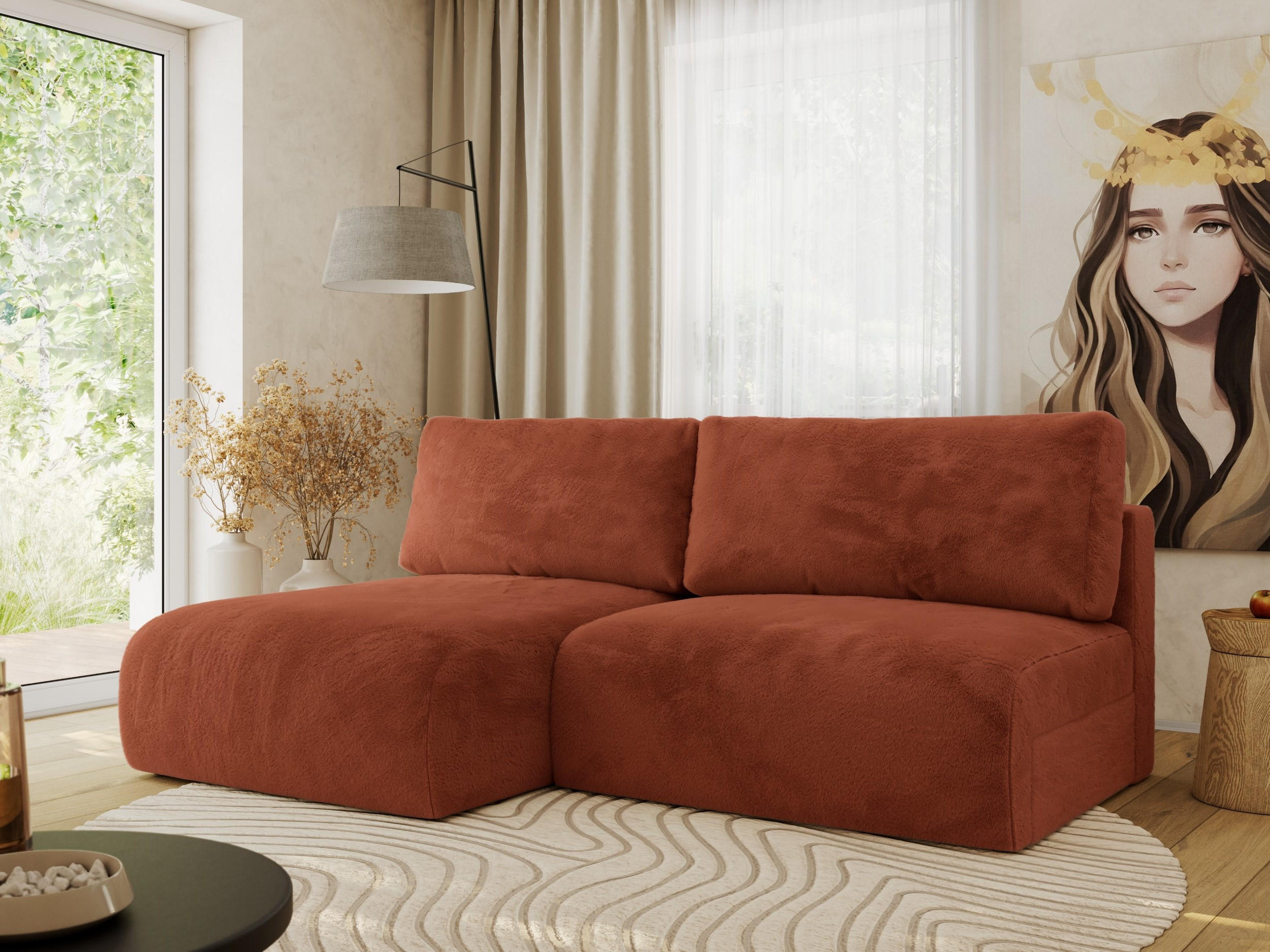 ECKSCHLAFSOFA VIVO L Orange Plüsch - links - Schwarz/Orange, Kunststoff/Textil (223/150cm) - MKS