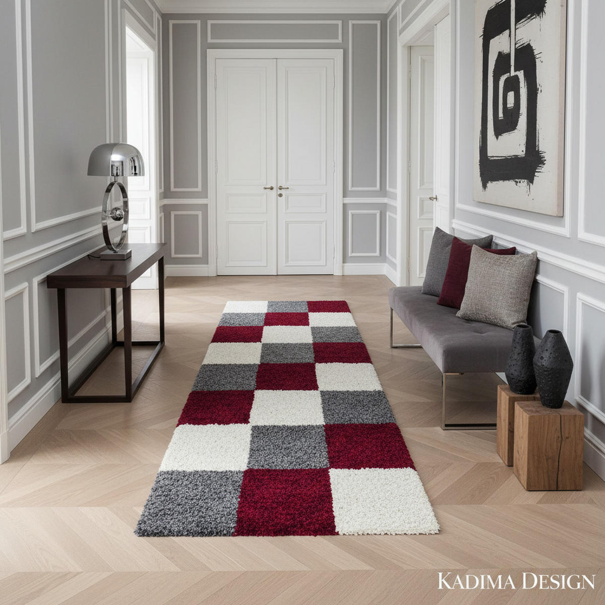 TEPPICH Hochflor Karo Polypropylen Wohnzimmer Shaggy Rot Läufer 80x250 - Rot, Textil (80/250cm) - KADIMA DESIGN