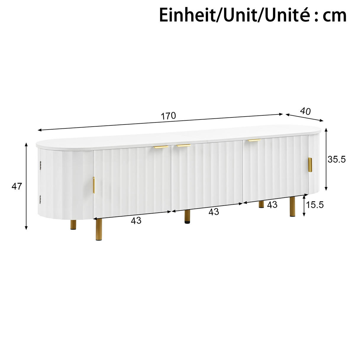TV-LOWBOARD 170cm MDF Weiß Riffel-Optik 5 Türen Eisenfüße & Griffe - Weiß, Holzwerkstoff (170/47/40cm) - Urban Meuble