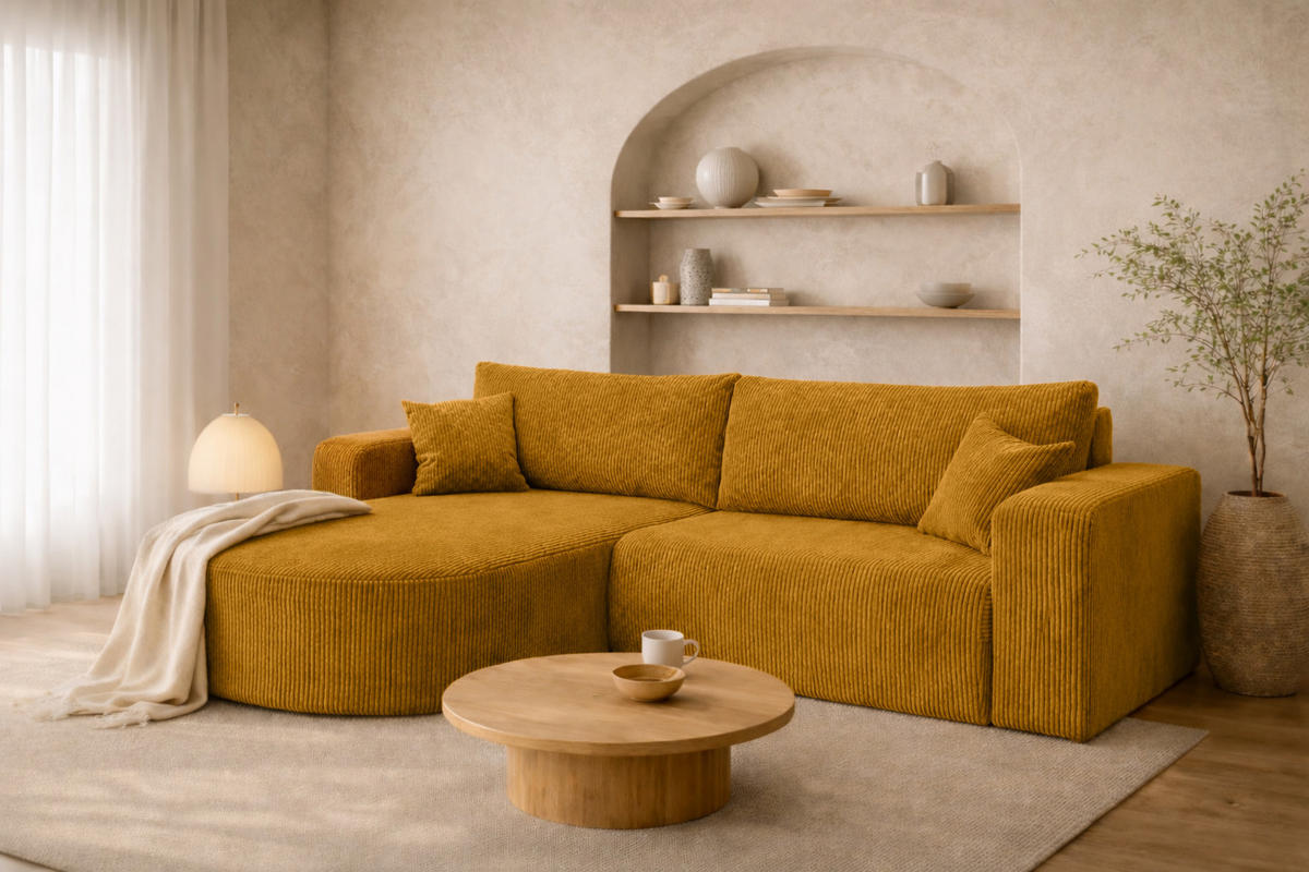 ECKSOFA Mit Schlaffunktion, Cordstoff Poso, Senffarbe, Links, ROUND ONE - Gelb, Holz (244/175cm) - Kaiser Möbel