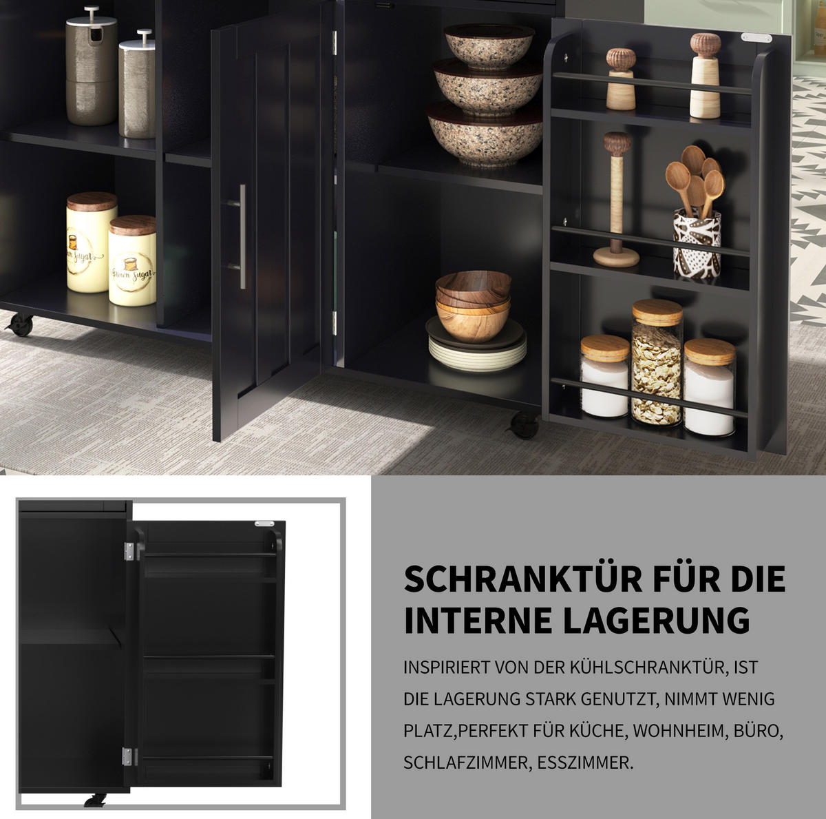 KÜCHENINSEL 129/71/91,5 cm schwarz natur mit klappbarer Arbeitsplatte - Schwarz, Holzwerkstoff (129/91.5/71cm) - OKWISH