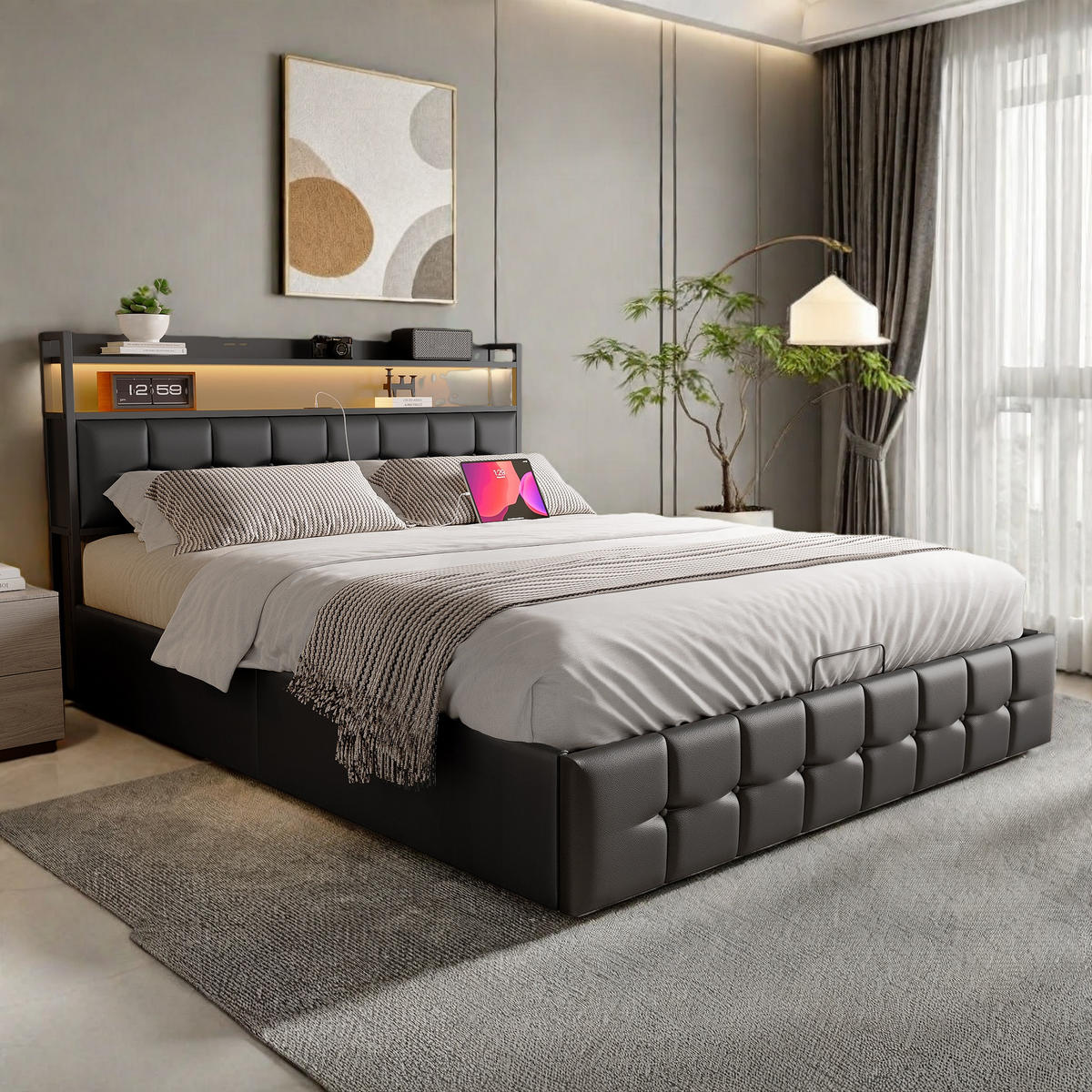 POLSTERBETT 140x190 cm LED Bettkasten USB Steckdose grau - Grau, Holz (140/190cm) - LEBENLANG