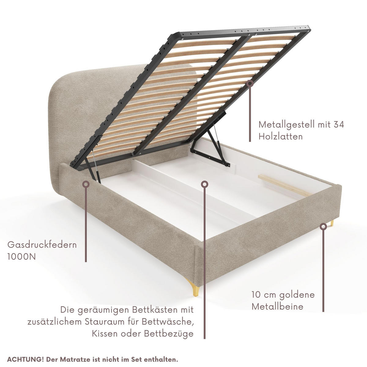 POLSTERBETT LANA Bettkasten Lattenrost 120x200 Taupe - Taupe, Holz (120/200cm) - Furnistar