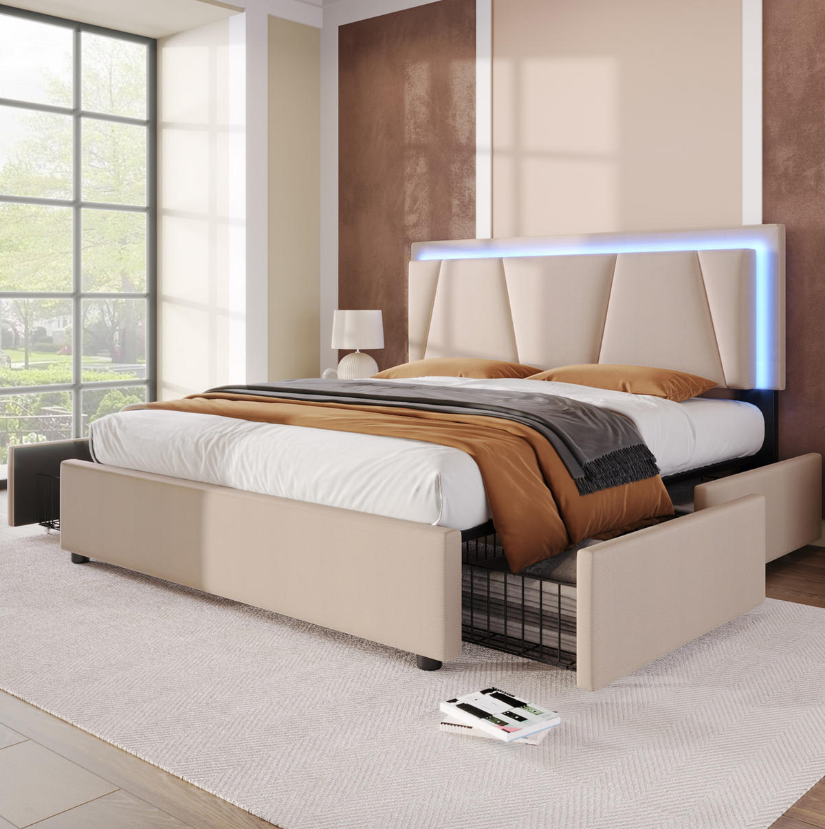 POLSTERBETT aus Leinen 160x200 cm in Beige mit LED-Beleuchtung & Matratze - Beige, Textil (160/200cm) - Modfu