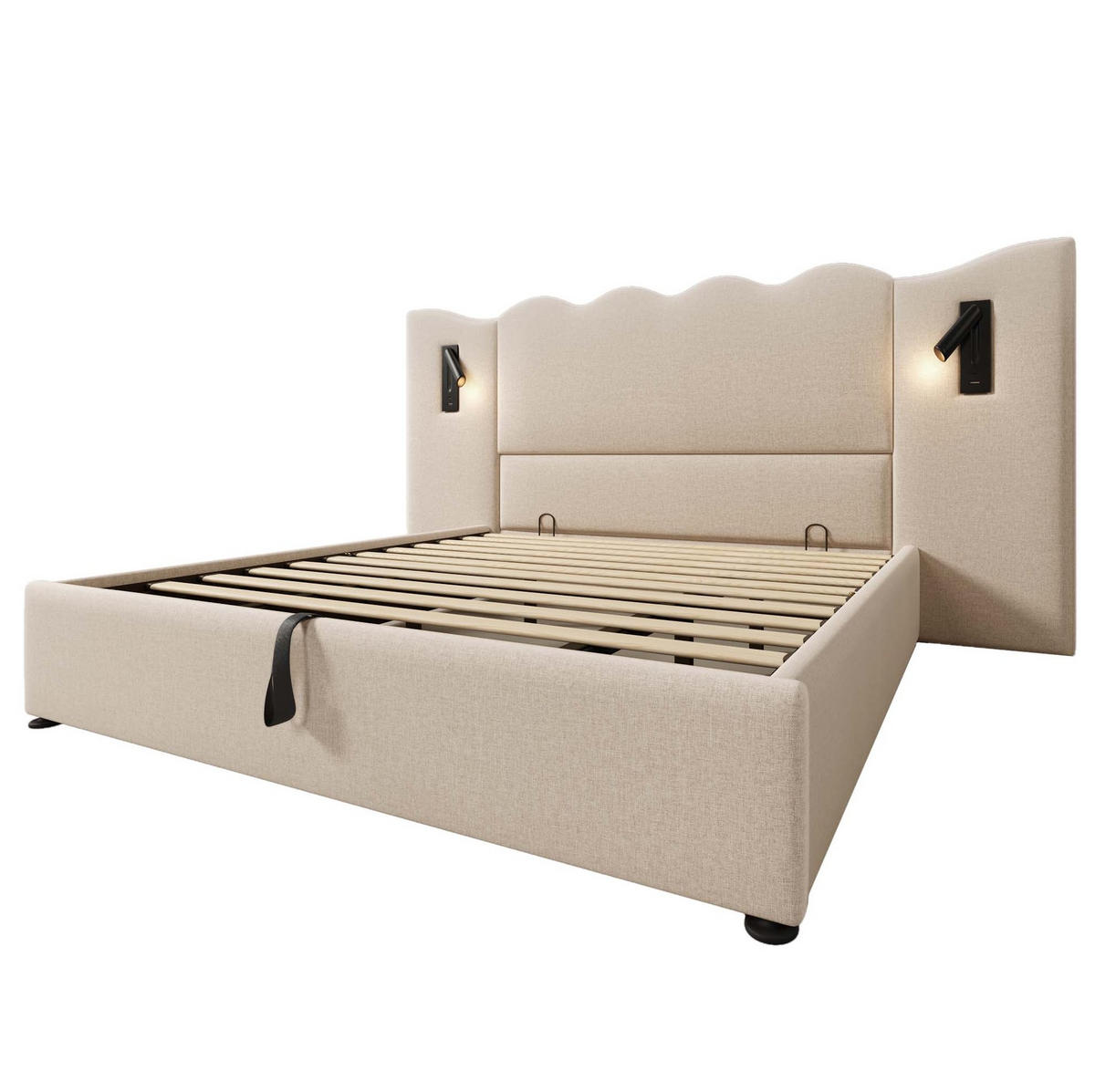 ČALÚNENÁ posteľ z leinenu 180x200 cm béžová s LED lampou, USB a Type-C nabíjaním, úložným priestorom - béžová, textil (180/200cm) - Modfu