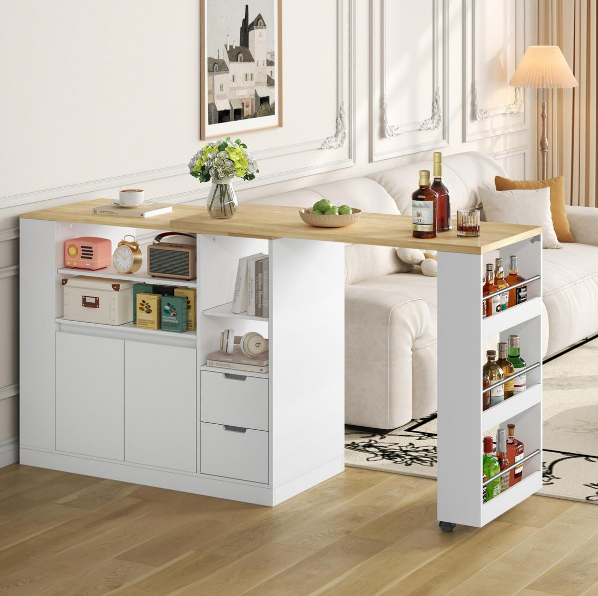 KÜCHENINSEL 115/50/92 cm aus MDF mit dreh- und ausziehbarer Arbeitsplatte Weiß/Natur - Weiß, Holzwerkstoff (115/92/50cm) - Modenvie