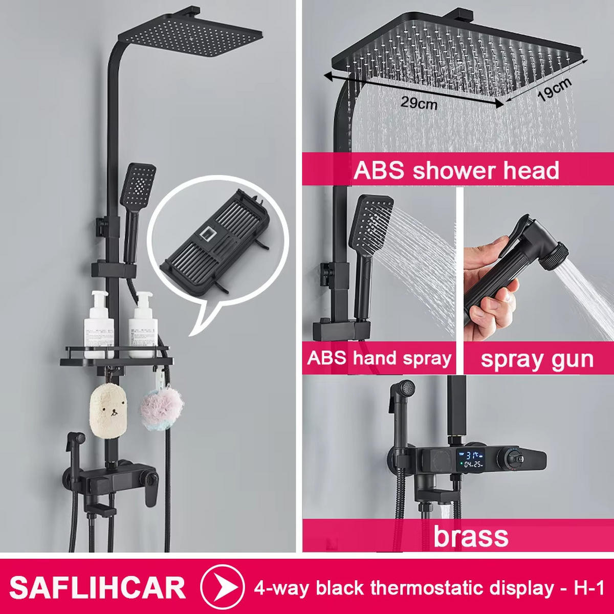 ÜBERKOPFBRAUSESET Thermostat, Schwarz, mit Digitalanzeige und Duschenmischer - Schwarz, Metall (29/116/34cm) - Kaket