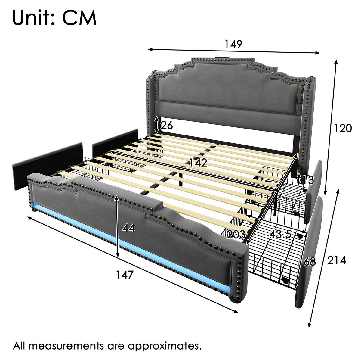 BETT mit Matratze, 4 Schubladen, LED & USB-C 140x200 cm Samt Grau - Grau, Metall (140/200cm) - Meubliv