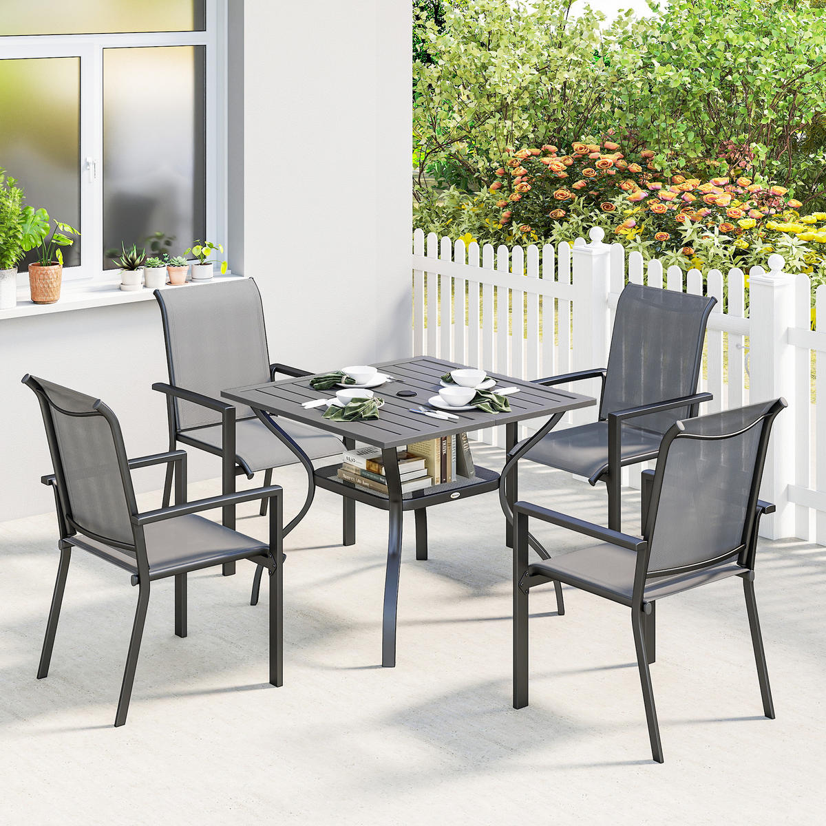 GARTENMÖBELSET 5-teilig,Stahltisch mit Mittelloch+4 stapelbare Stühle,grau - Grau, Metall - Vallsero