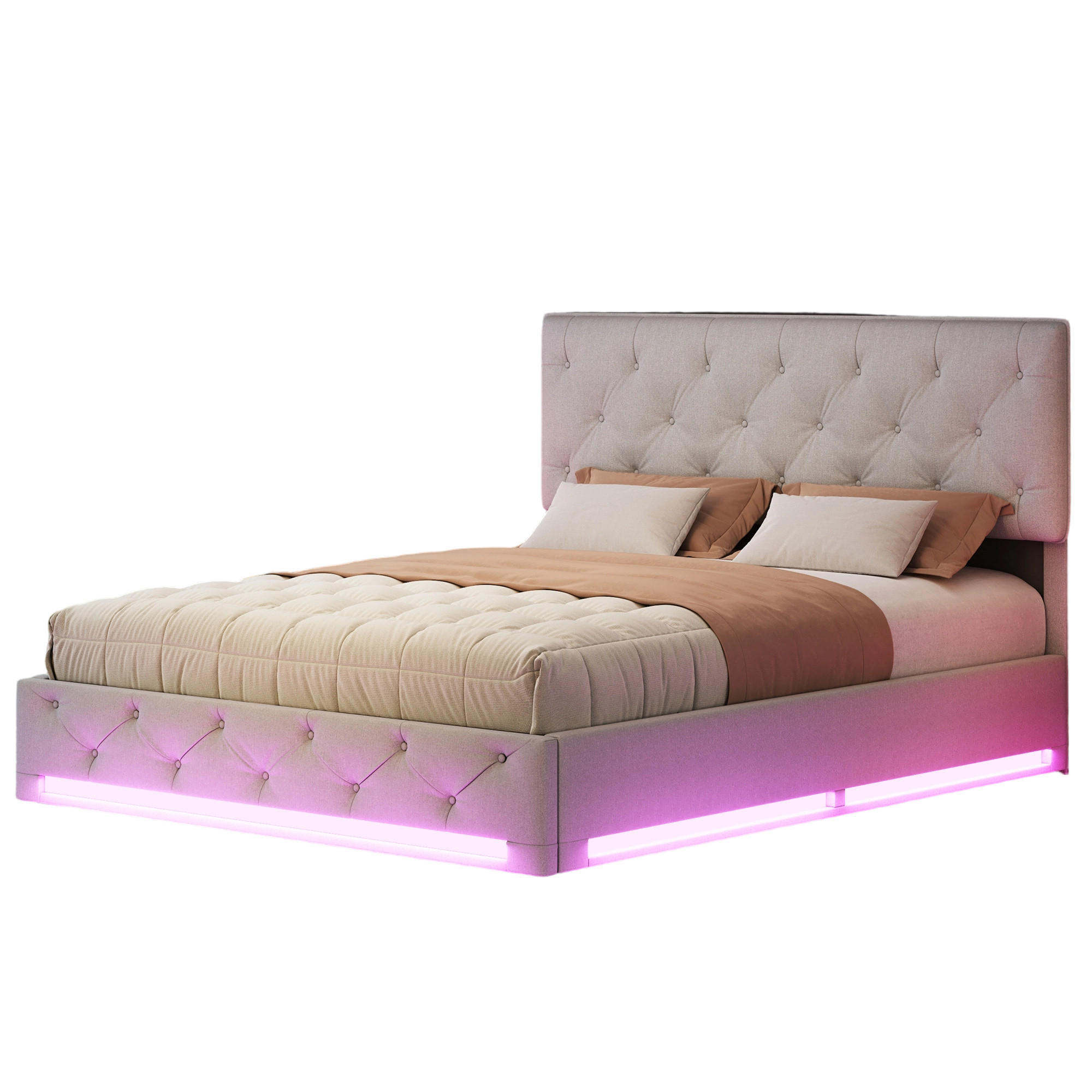 ČALÚNENÁ posteľ 160/200 cm béžová s úložným priestorom a LED osvetlením - béžová, drevo - SHOPENTRA