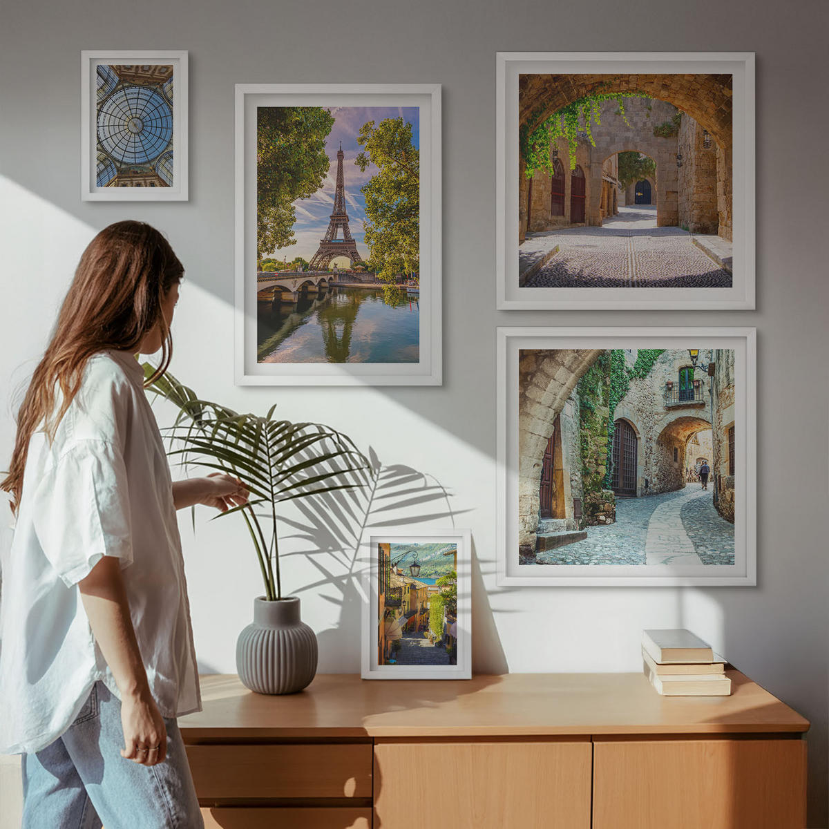 WANDBILDER 5er-Set - 50x50 cm & 20x30 cm & 40x60 cm Weißer Rahmen - Grüne, saftige Blätter - Weiß, Kunststoff (40/60cm) - ArtPrintCave