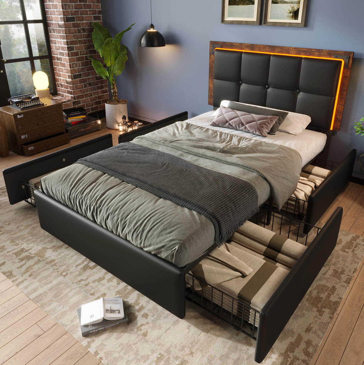 POLSTERBETT 90/200 cm Schwarz mit LED-Beleuchtung und höhenverstellbarem Kopfteil - Schwarz, Kunststoff (90/200cm) - OKWISH