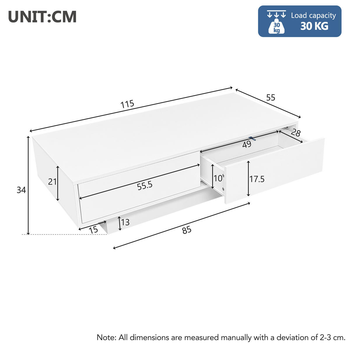 COUCHTISCH 115/55/34 cm in Weiß mit 2 Schubladen und LED-Beleuchtung - Weiß, Holzwerkstoff (115/55/34cm) - Flora Grace