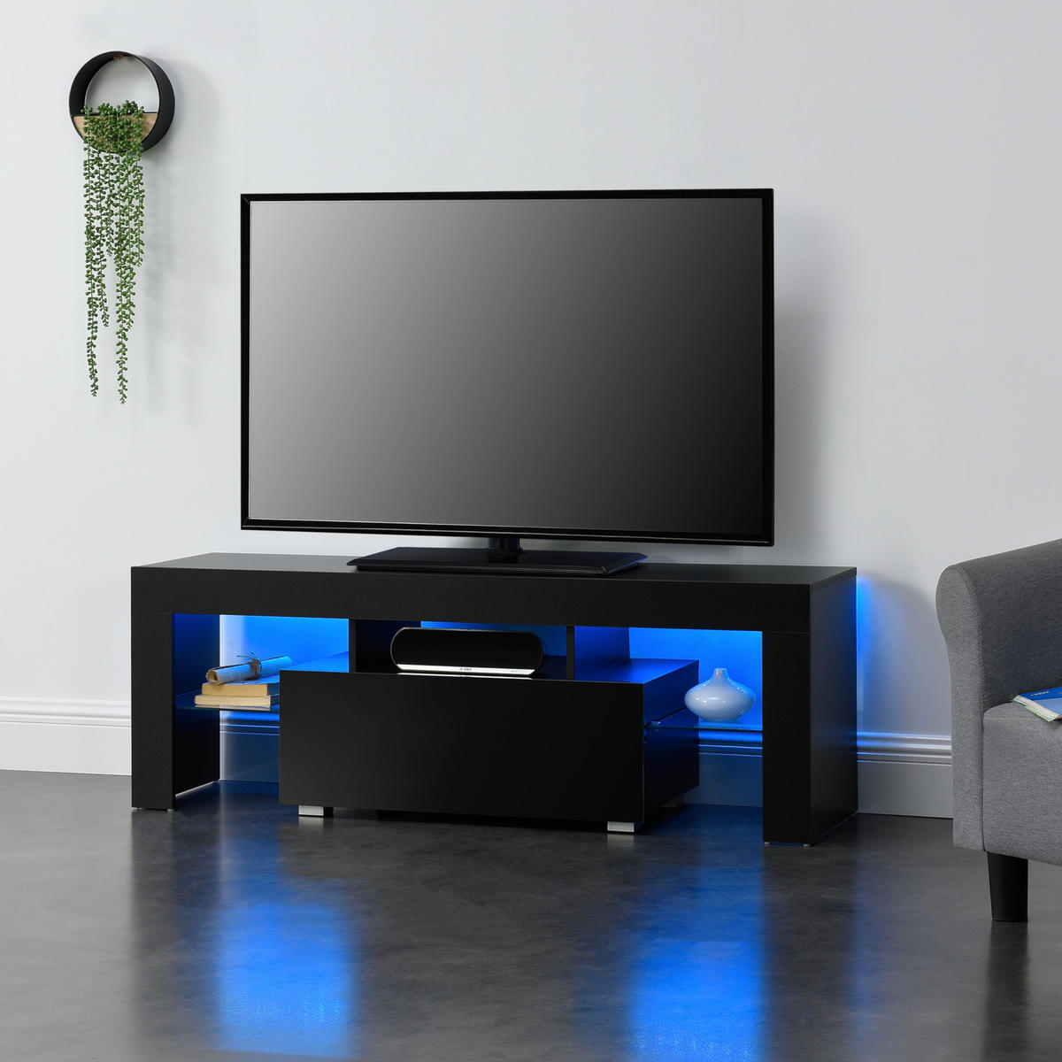 TV-ELEMENT Grimsey - Schwarz Hochglanz, Glas/Holzwerkstoff (130/45/35cm) - [en.casa]