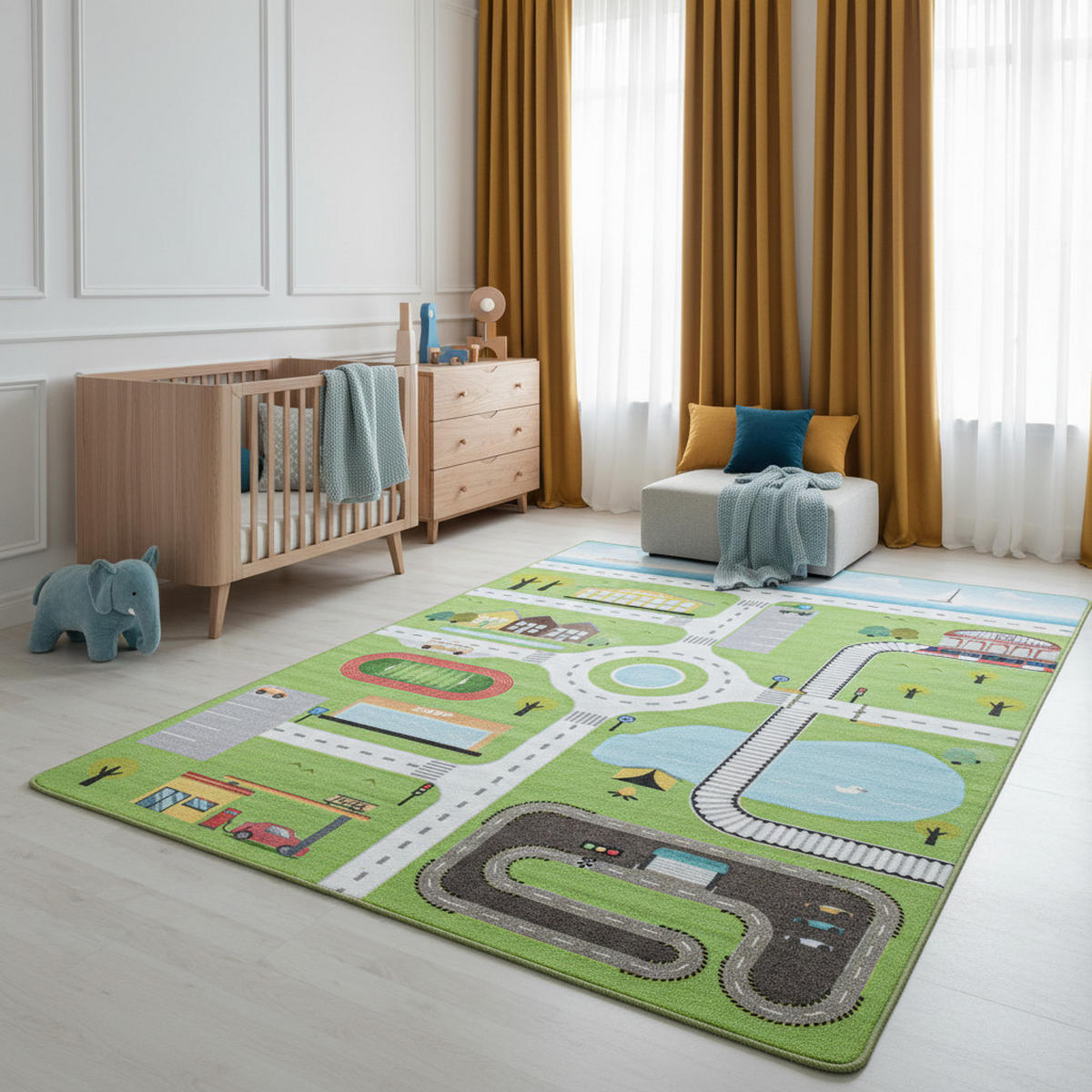 KINDERTEPPICH Spielstraße Pflegeleicht Waschbar Kinderzimmer OEKO-TEX Grün 140x200 cm Flur – TRAUN - Grün, Textil (140/200cm) - KADIMA DESIGN