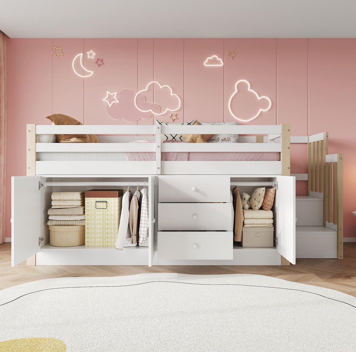 VYVÝŠENÁ posteľ 90/200 cm MDF biela, s úložným priestorom a schodmi - biela, kompozitné drevo (90/200cm) - BEAOK