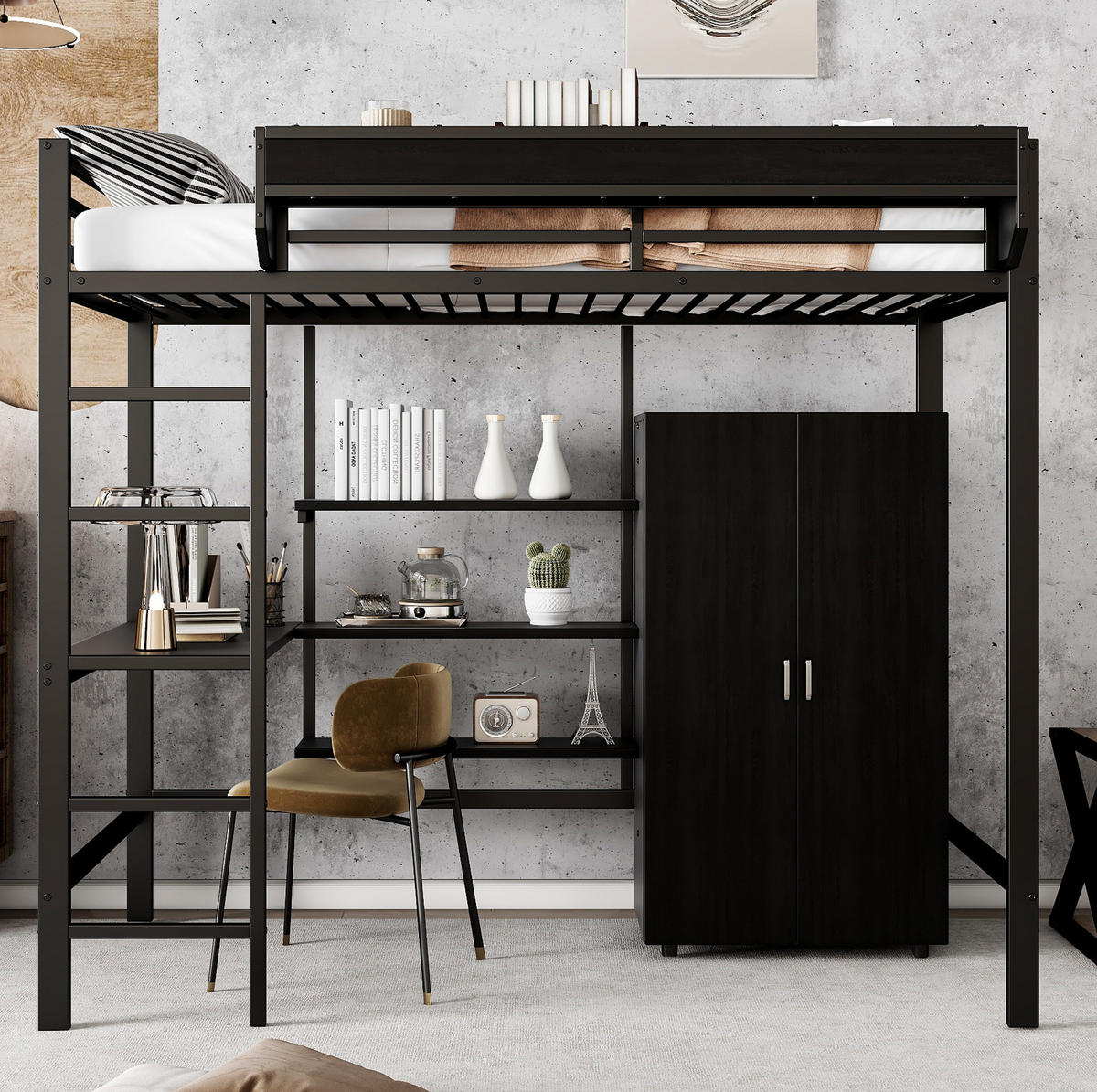 HOCHBETT 90/200 cm aus Metall und Holzwerkstoff mit Tisch und Kleiderschrank Schwarz - Weiß, Metall (90/200cm) - Modenvie