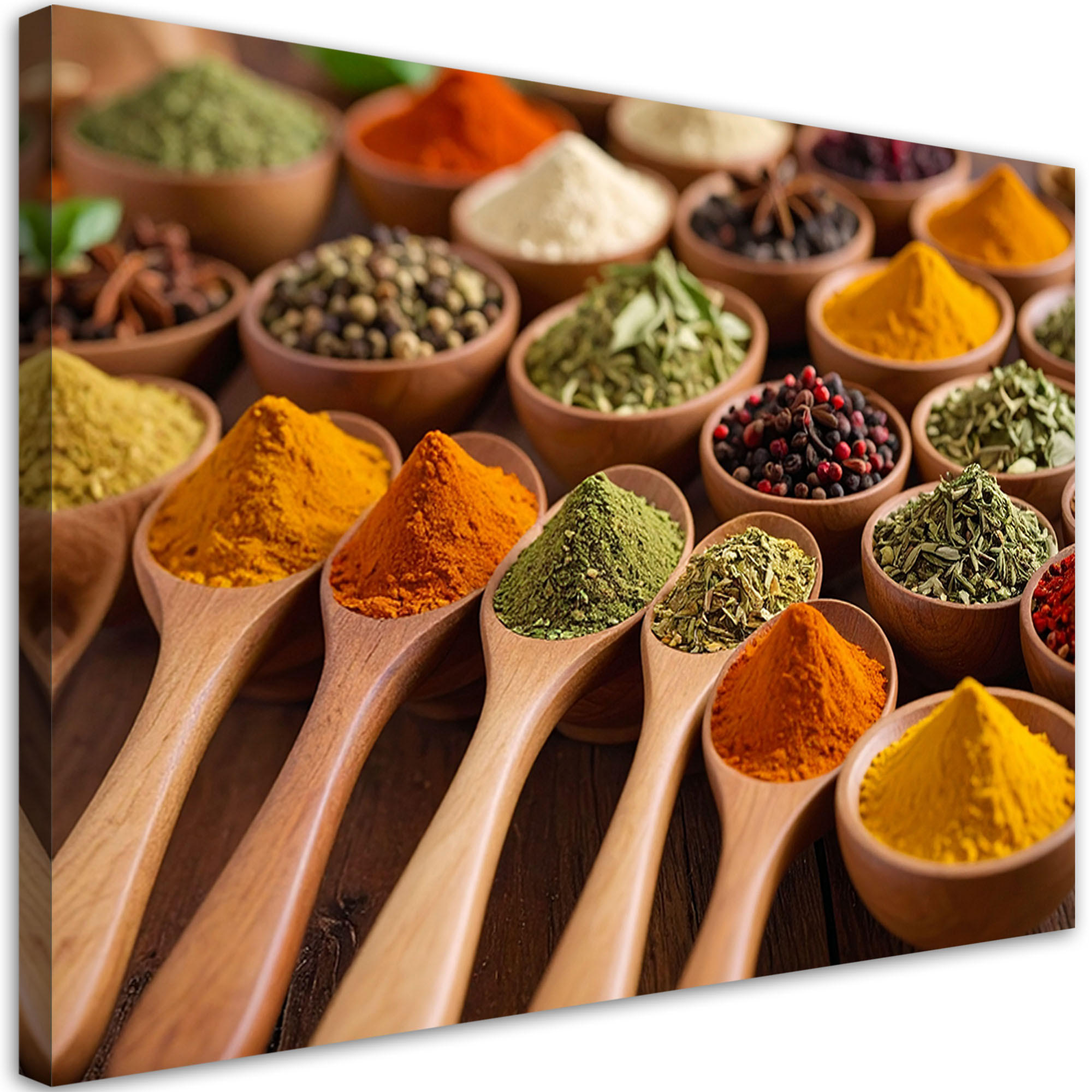 LEINWANDBILD Holzlöffel mit Gewürzen und Kräutern 120x80cm - Multicolor, Textil (120/80cm) - Feeby