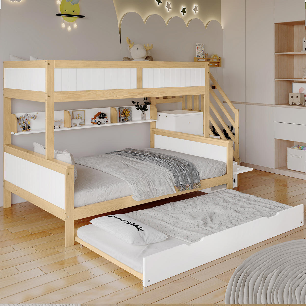 ETAGENBETT 90x200/120x200 mit Rollbett (90x190) und Stauraumtreppe, Massivholz+MDF, mit Kleiderschrank, weiß-natur - Naturfarben, Holz (120/200cm) - Luhomfu