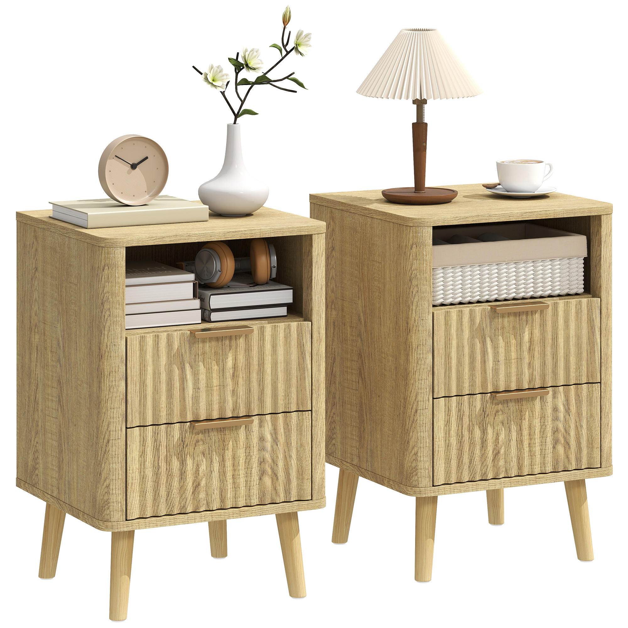 NACHTKOMMODE Eiche MDF und Holz mit 2 Schubladen und offenem Fach 2er-Set - Eichefarben, Holzwerkstoff (40/61/40cm) - PANGIVO