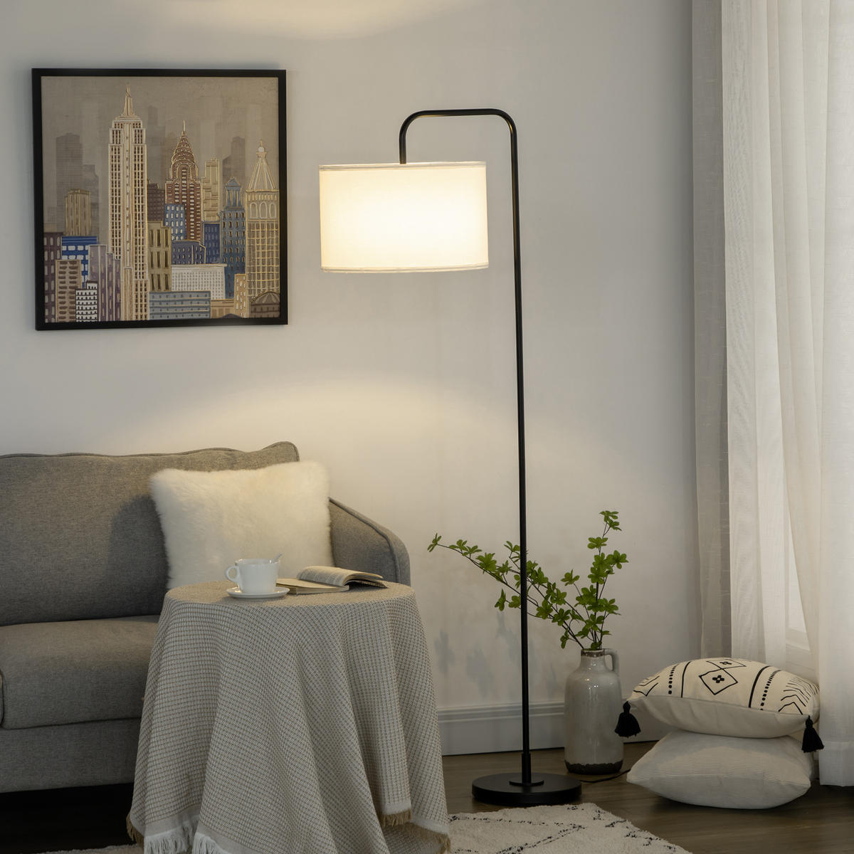 STEHLAMPE Wohnzimmer Stehleuchte mit Stoff-Lampenschirm, Fußschalter, Weiß - Weiß, Metall (64/38/163.5cm) - HOMCOM
