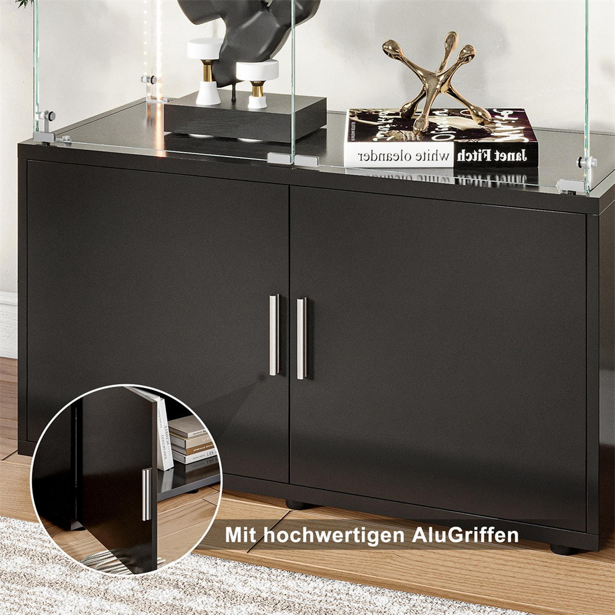 VITRINE - Glasvitrine mit Cabinet-Unterbau - 4 Türen und 3 Ebenen - LED-Lichtband-Beleuchtung - Schwarz - Schwarz, Glas (78.51/164/35cm) - DELFA