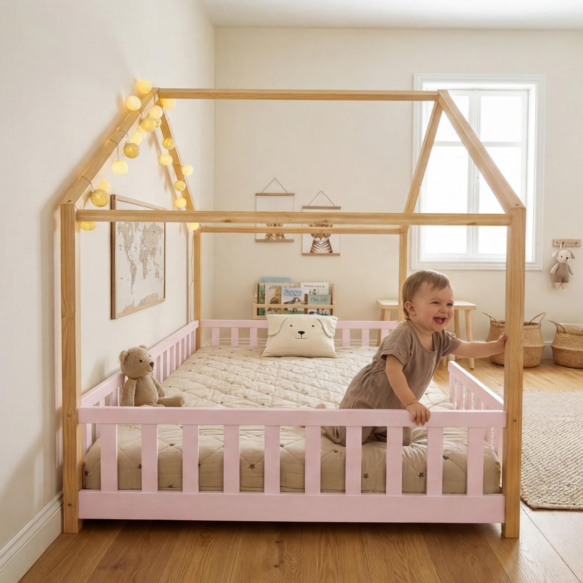HAUSBETT Treviolo - Pink/Naturfarben, Holz (120/200cm) - [en.casa]