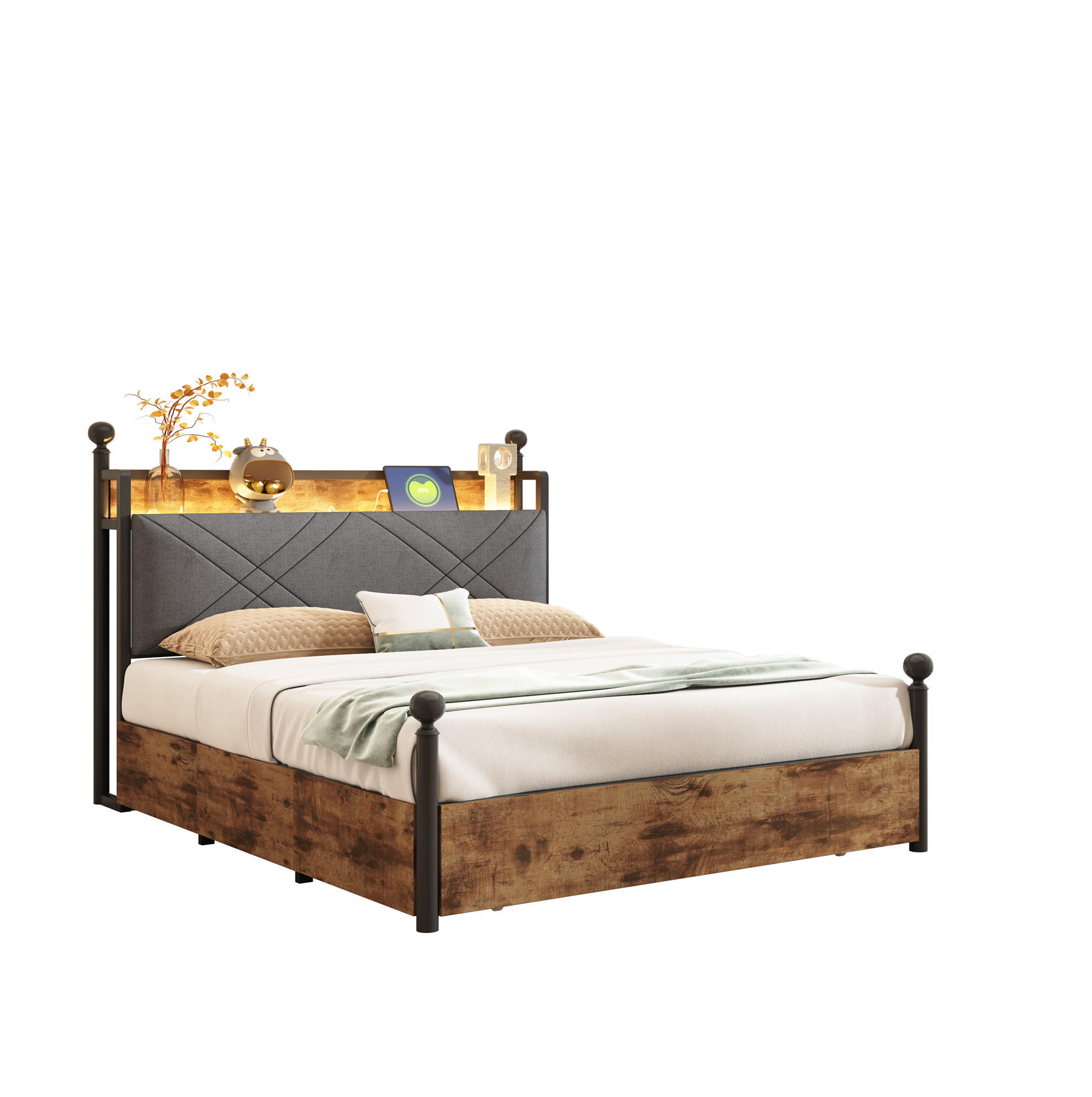 OKWISH POSTEL s nebesy 140/190 cm černá z kovu s LED osvětlením USB/Type-C a úložným prostorem