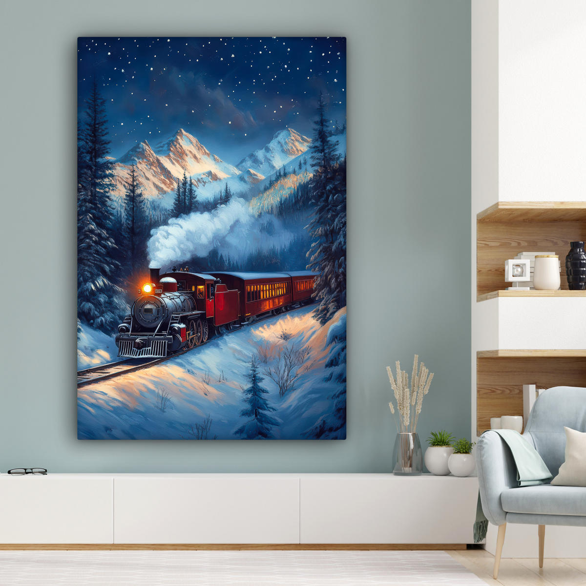 SLIKA NA PLATNU Vlak - Božič 90x140 cm - antracit, tekstil (90/140cm) - MuchoWow
