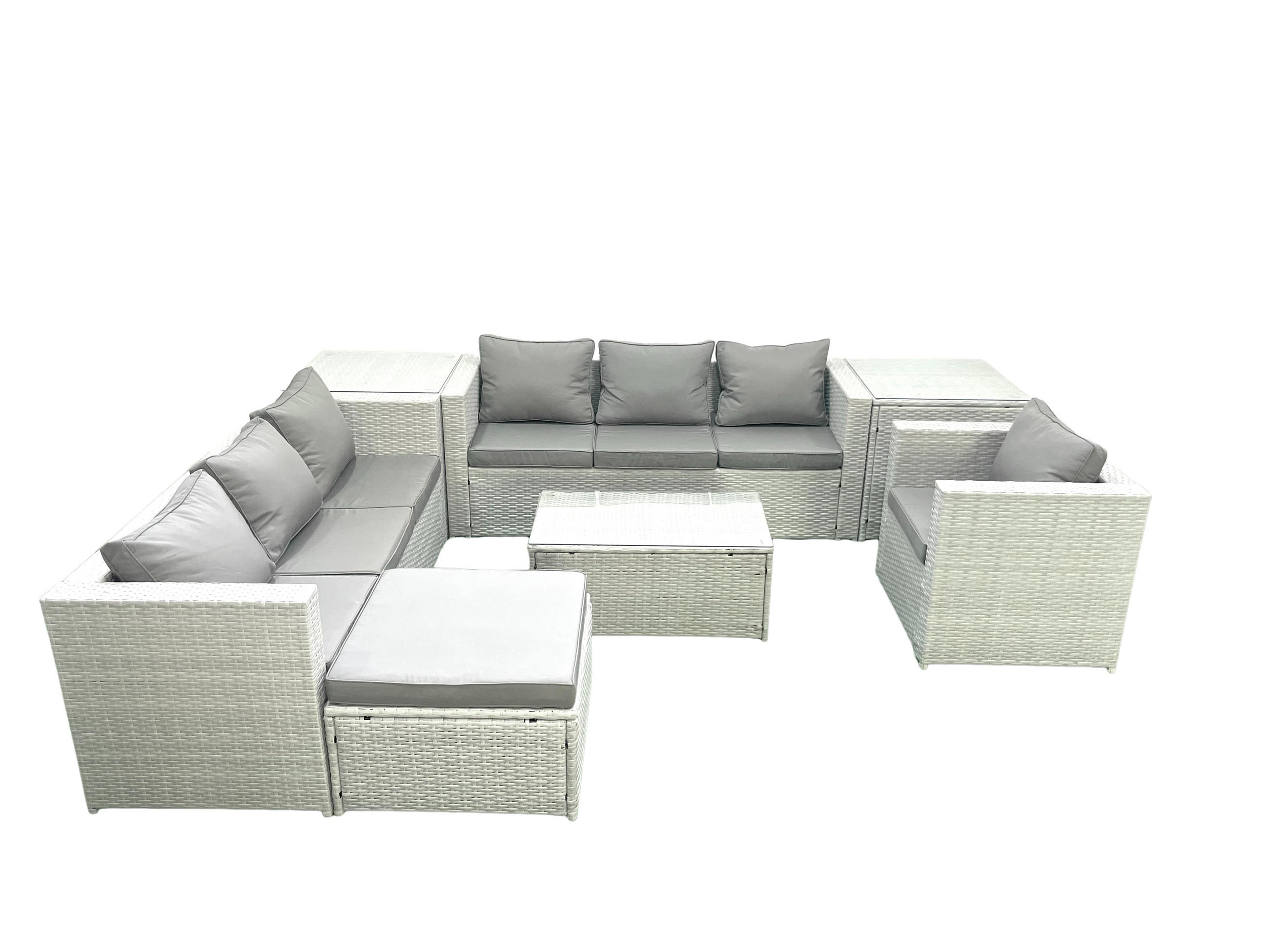 GARTENGARNITUR mit 3-SITZER SOFA,COUCHTISCH Polyrattan Hellgrau-Mix 8-Sitzer - Hellgrau/Grau, Glas/Kunststoff - Fimous