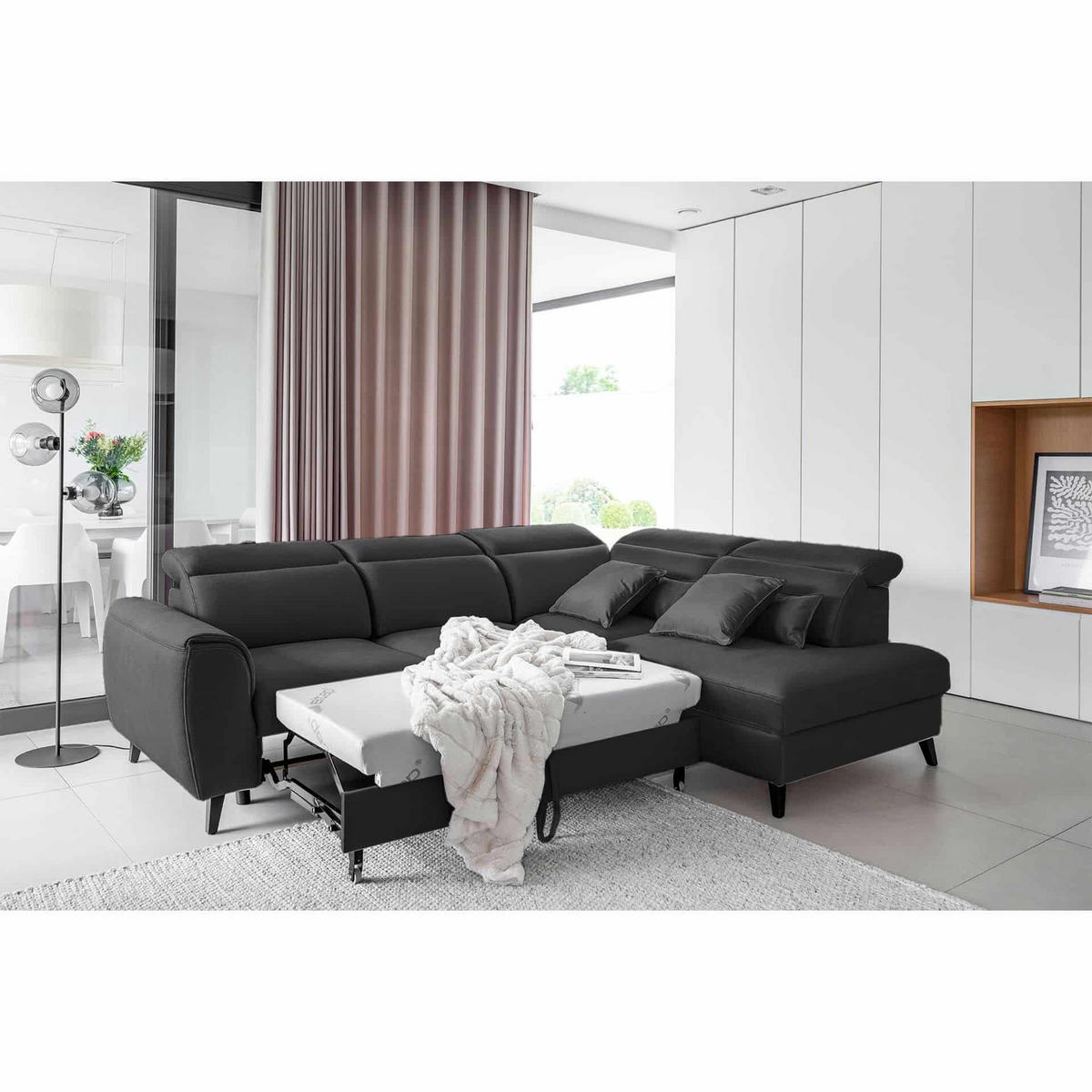 ECKSOFA mit Schlaffunktion & Bettkasten - Dunkelgrau/Schwarz, Holz/Textil (201/255cm) - Eltap