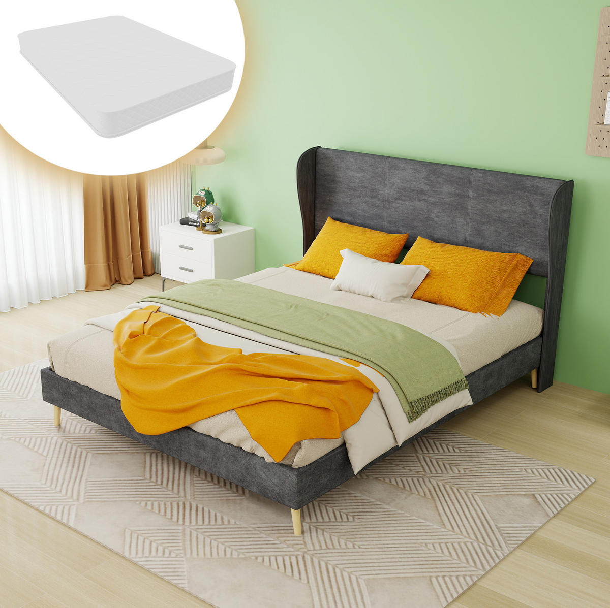 POLSTERBETT 140/200 cm mit gepolstertem Kopfteil und Matratze, Grau - Grau, Textil (140/200cm) - Redom