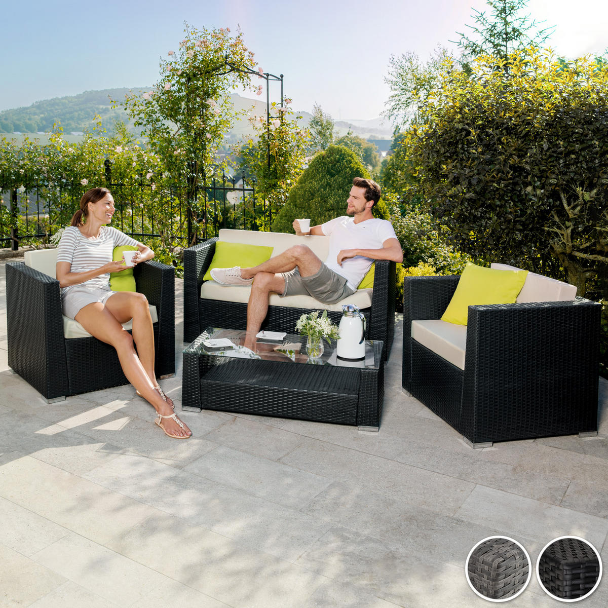 RATTANLOUNGE München,mit Sicherheitsglasplatte,schwarz - Schwarz, Kunststoff - tectake