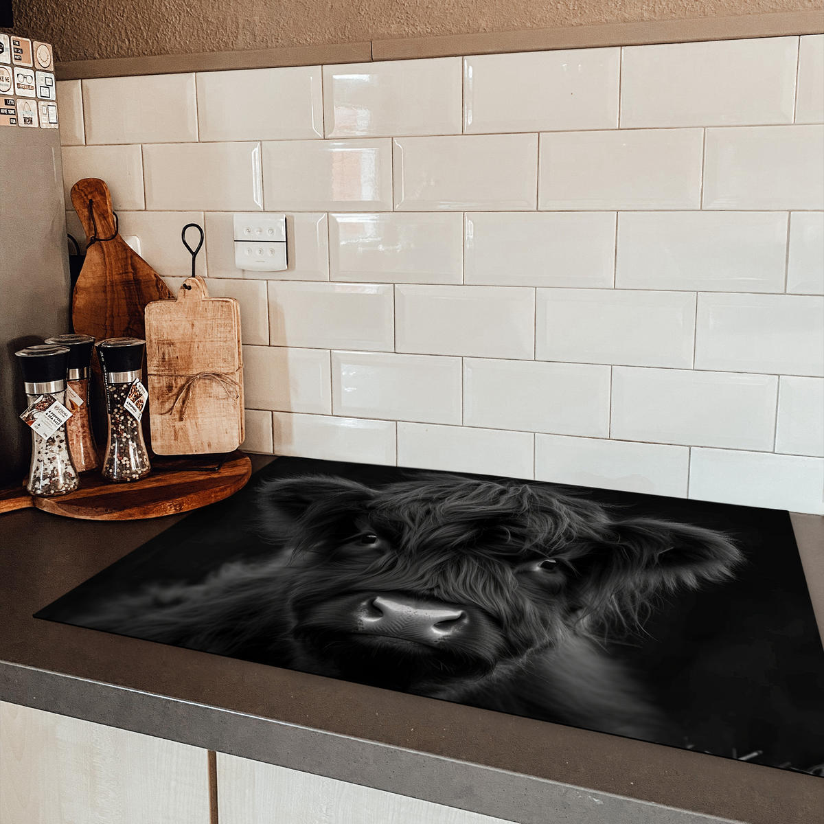 HERDABDECKPLATTE Scottish Highlander - Schwarz - Kalb - Kuh Ceranfeldabdeckung 80x52 cm - Schwarz, Kunststoff (80/52/0.2cm) - MuchoWow