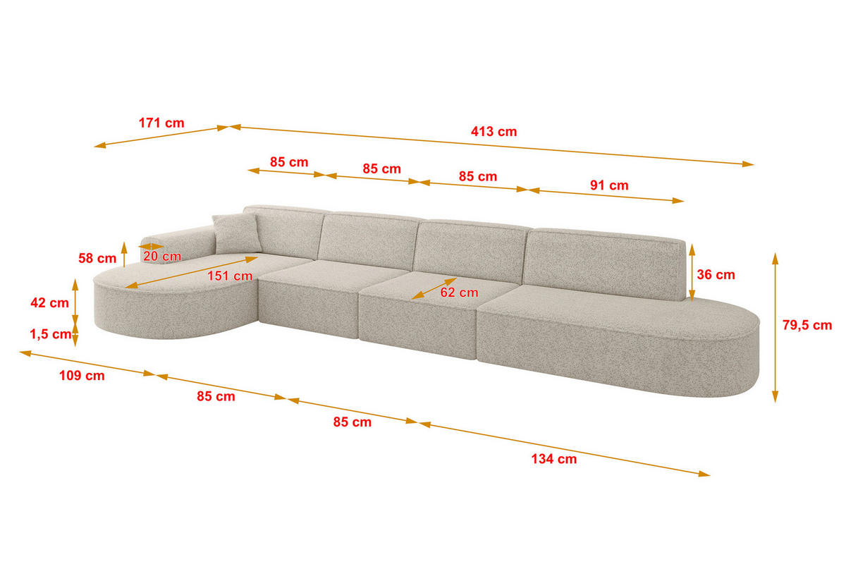 ECKSOFA Ottomane Links MARI-L3 - 413x171x79 cm Beige Tissu - Beige/Schwarz, Holzwerkstoff/Kunststoff (413/171cm) - ALTDECOR