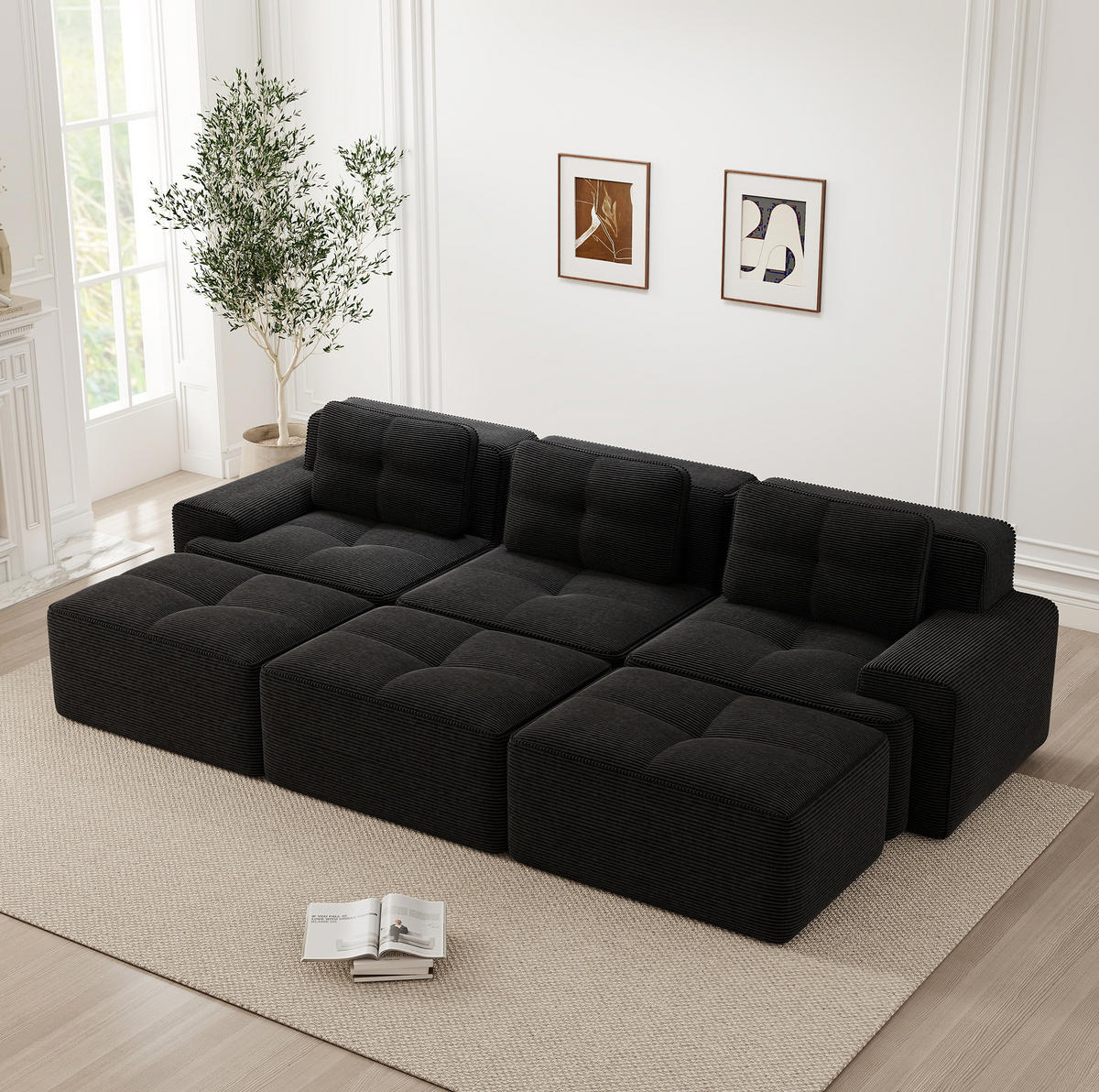 SOFA modular mit Schlaffunktion 74 cm Tiefsitz Cord Black - Schwarz, Kunststoff (177/69/293.2cm) - Meubliv