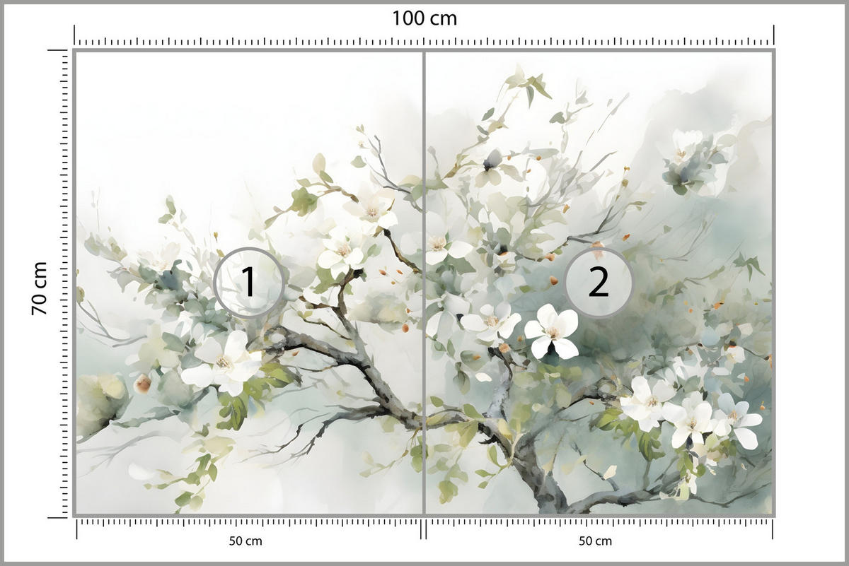 FOTOTAPETE für Wohnzimmer Aquarellbaum Blumen Natur 100x70 - Beige/Weiß, Papier (100/70cm) - Muralo