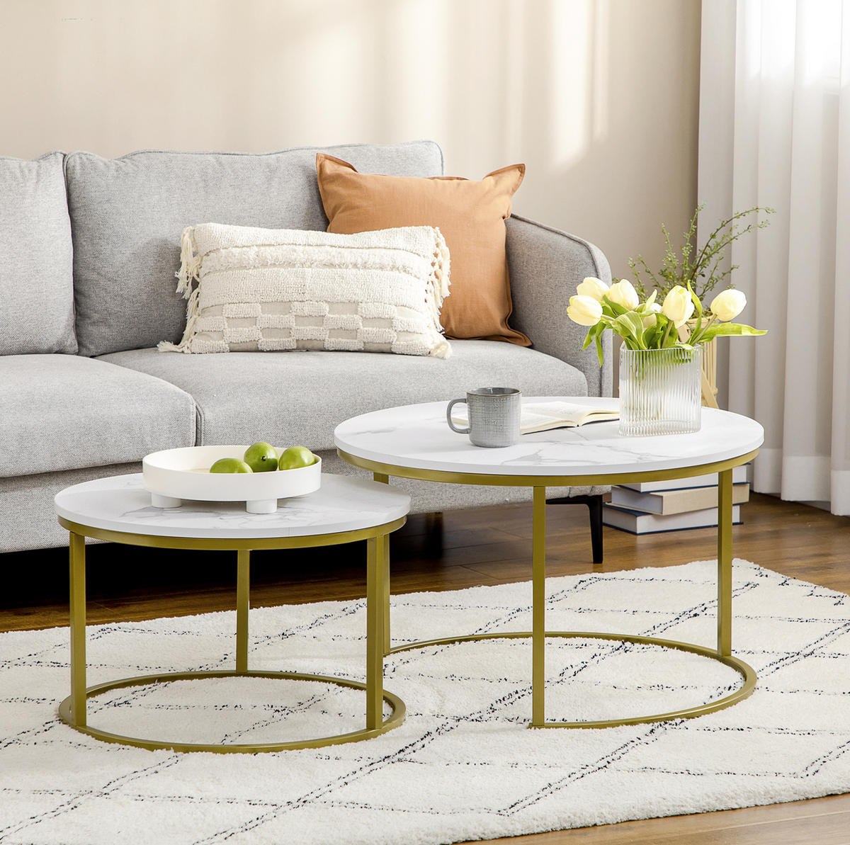 COUCHTISCH-SET 74/74/46,3 cm stapelbar mit Stahlgestell in Gold und Marmoroptik, Weiß - Weiß, Metall (74/74/46.3cm) - Redom
