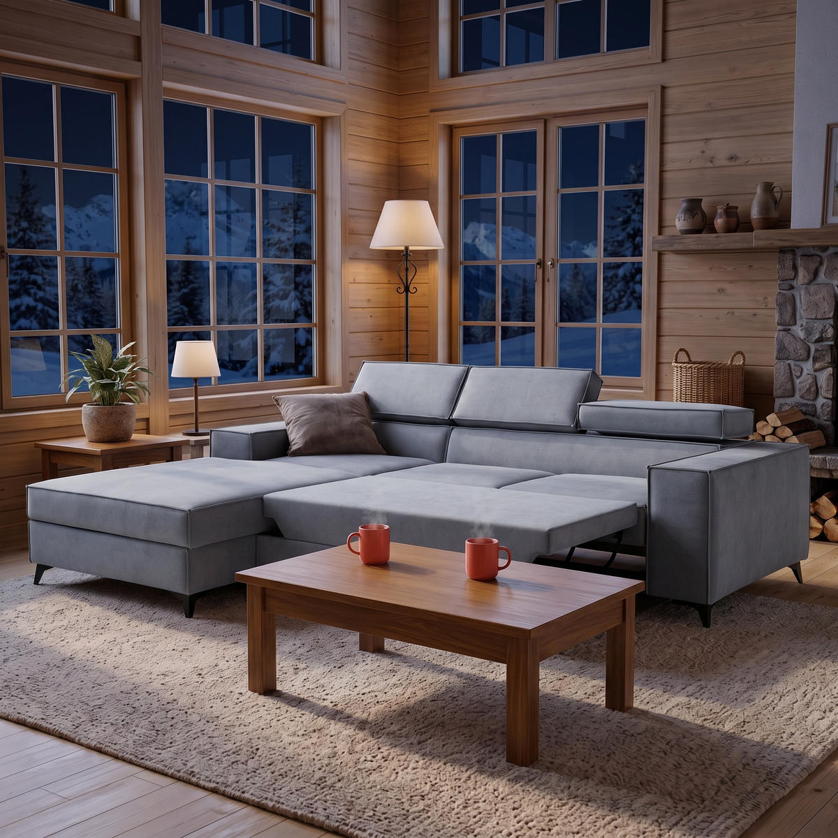 ECKSOFA PURE S Links mit Schlaffunktion 127x215 Velours Hellgrau - Hellgrau/Schwarz, Holz/Textil (281/204cm) - Muffo