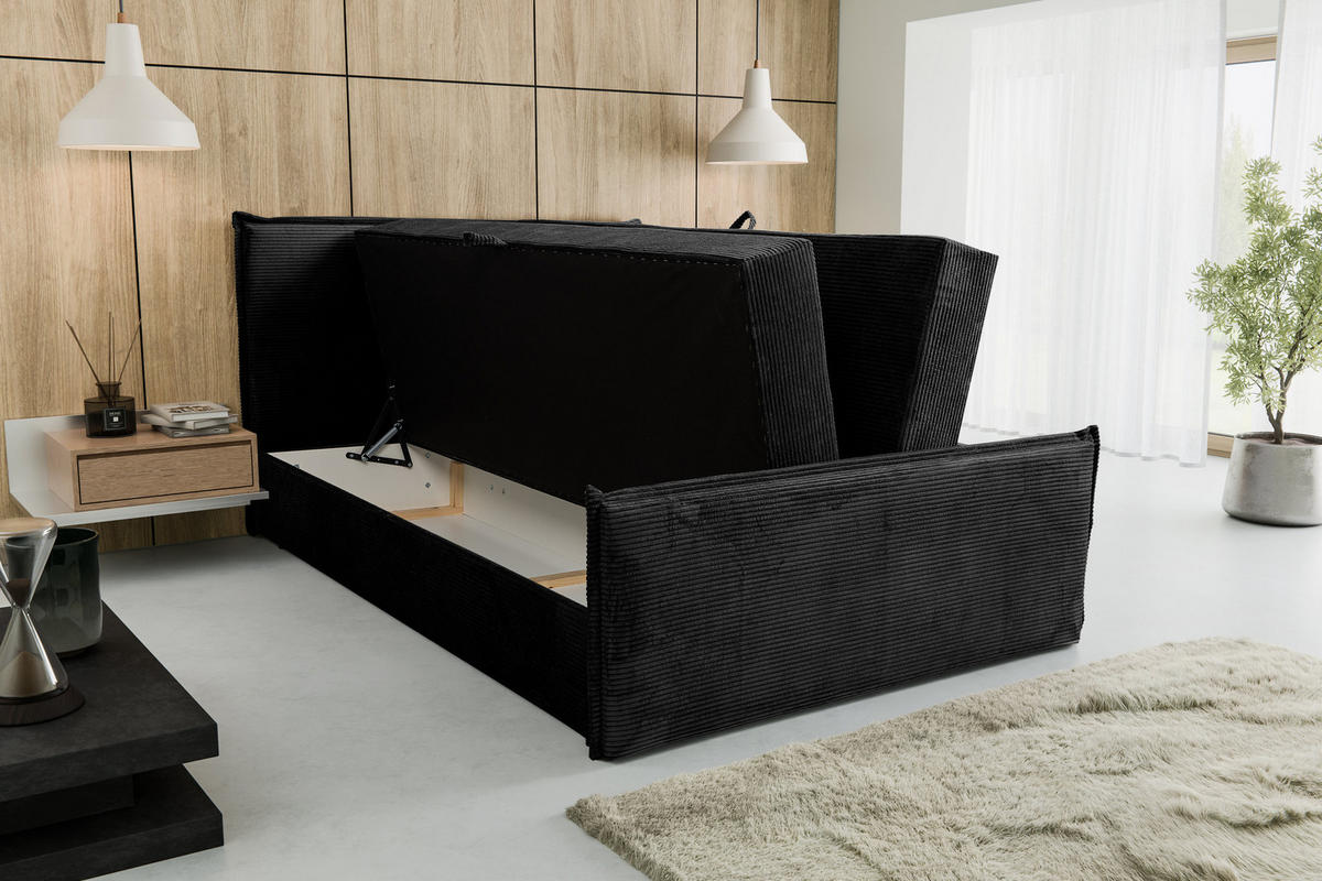 BOXBETT Vanessa mit 2 Bettkästen, 140x200, Farbe: Schwarz, Cordstoff, mit Bonell-Matratze inkl. Topper - Schwarz, Holz/Kunststoff (140/200cm) - VENASI MÖBEL