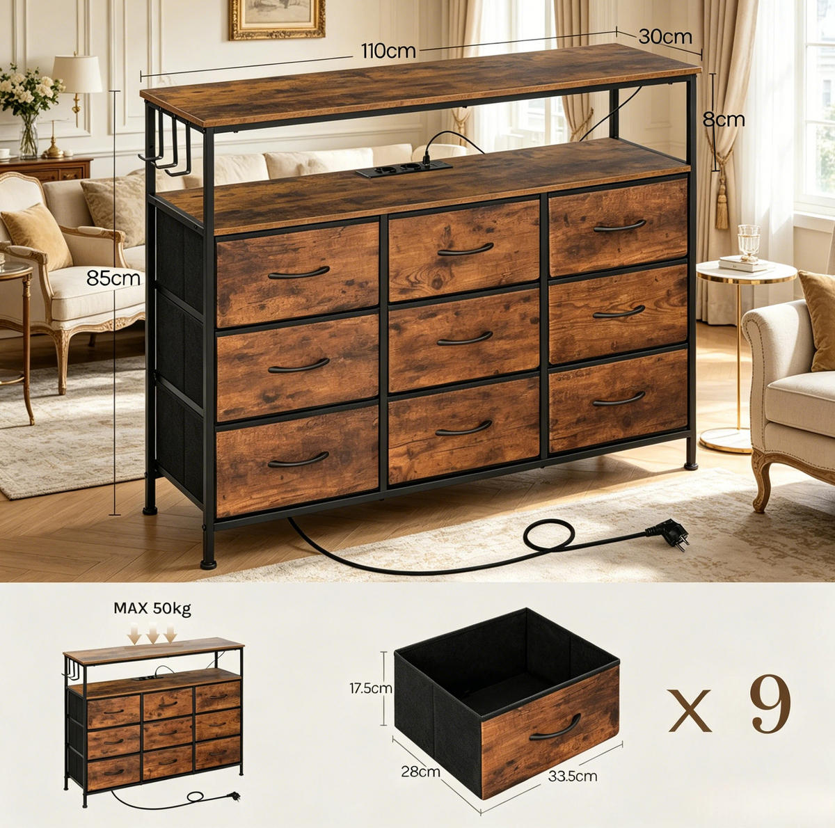 KOMMODE in Rustikalbraun und Schwarz 110x30x85 cm mit 9 Schubladen, Steckdosenleiste und LED-Beleuchtung - Schwarz, Metall (30/85/110cm) - IVMEU