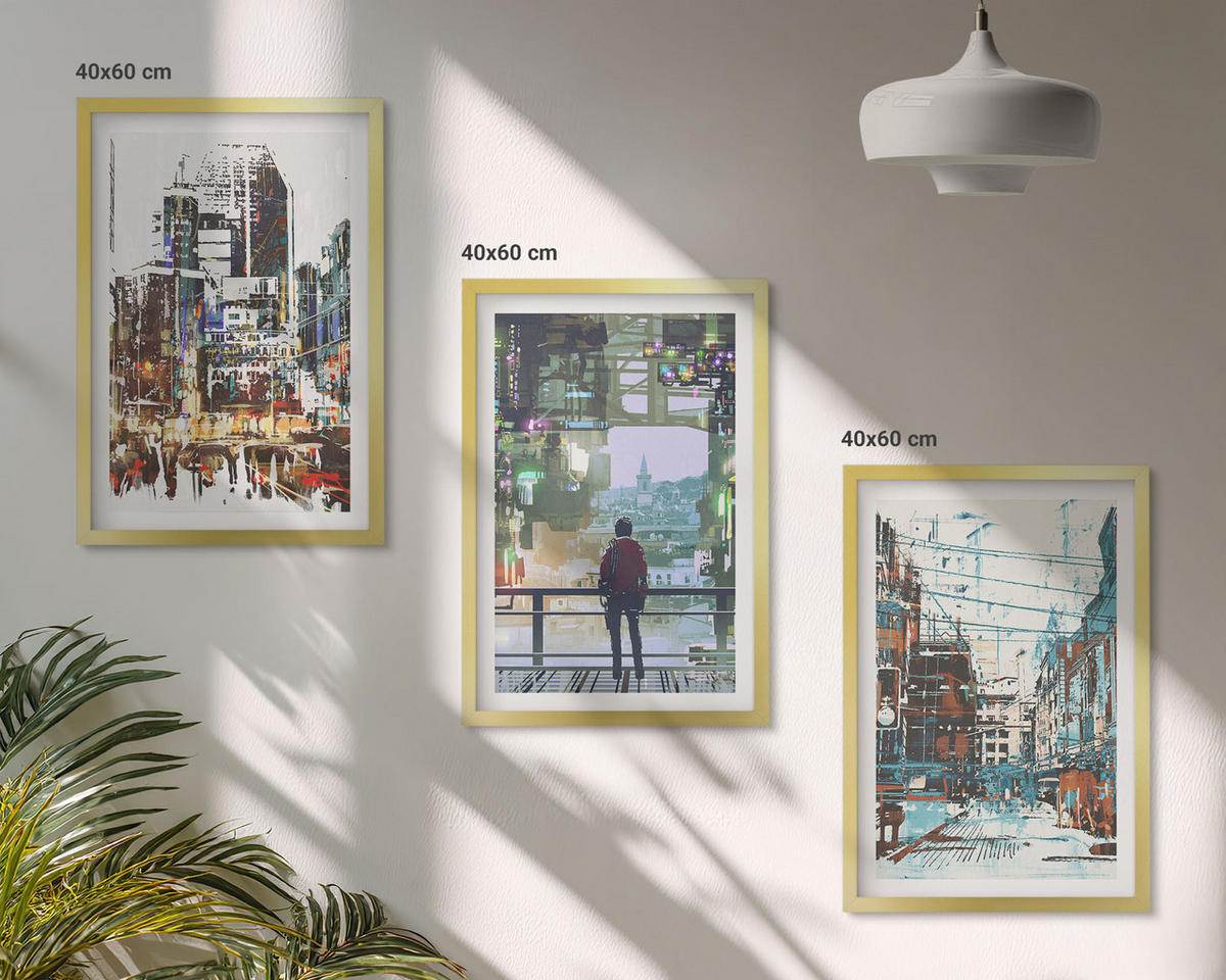WANDBILDER 3er Set - 40x60 cm Goldrahmen - Moderne Städte, bunte Charaktere - Goldfarben, Kunststoff (40/60cm) - ArtPrintCave