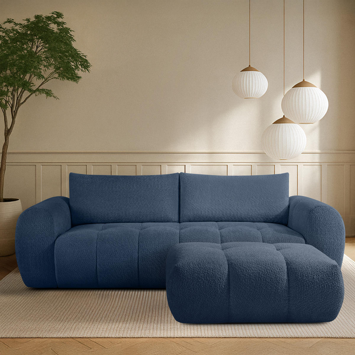 POUF LIRA, Dunkelblau, Bouclé - Dunkelblau, Holz/Holzwerkstoff (96/43/50cm) - KONSIMO®