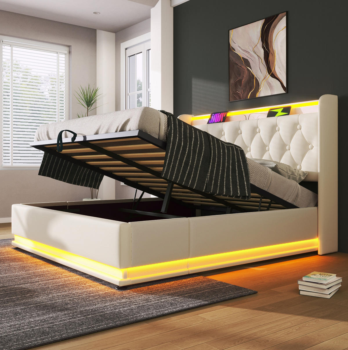POLSTERBETT 140/200 cm mit hydraulischem Bettkasten, 360°-LED & USB/Typ-C, weiß PU - Weiß, Kunststoff (140/200cm) - Redom