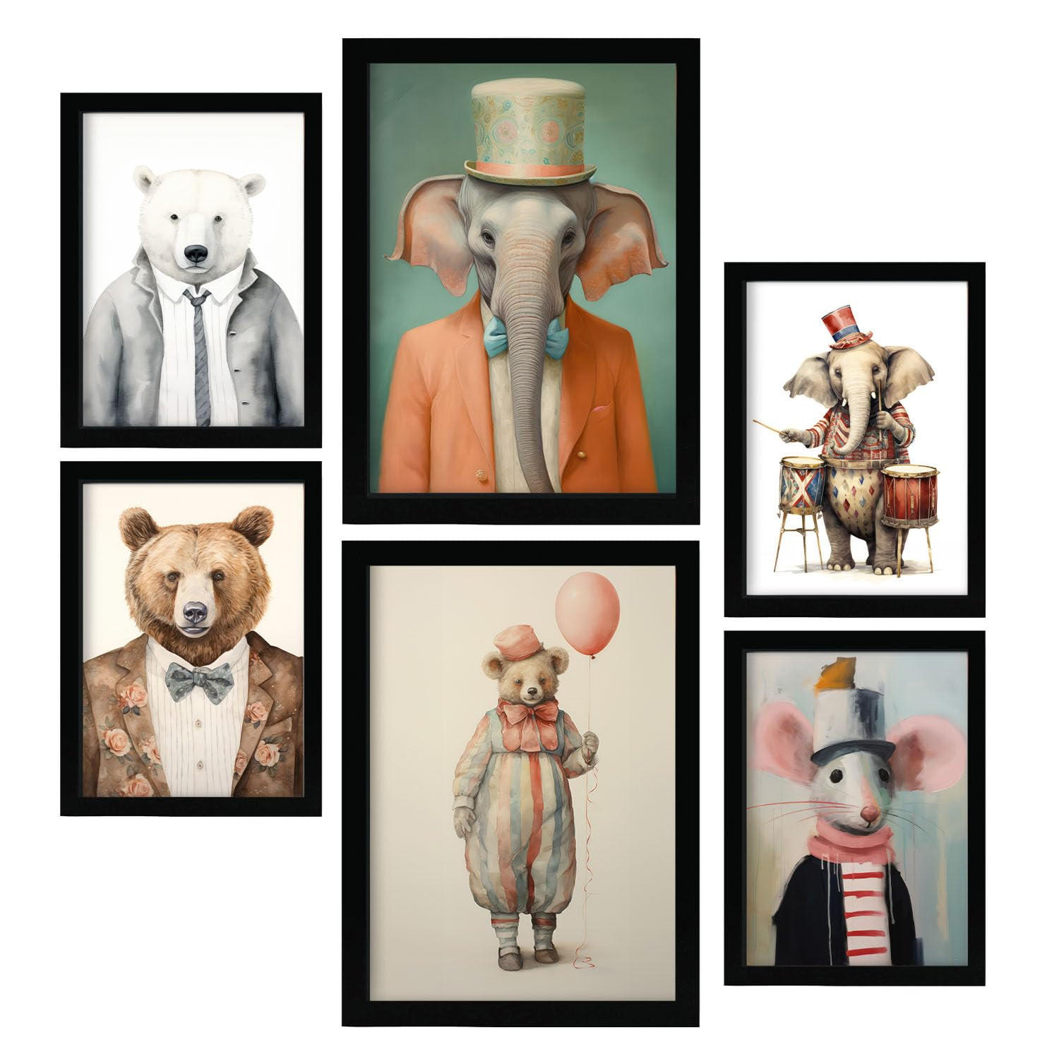 POSTER Set Mit 6 Zirkustiere A3 & A4 Schwarzer Rahmen - Schwarz, Papier (29/3cm) - Nacnic